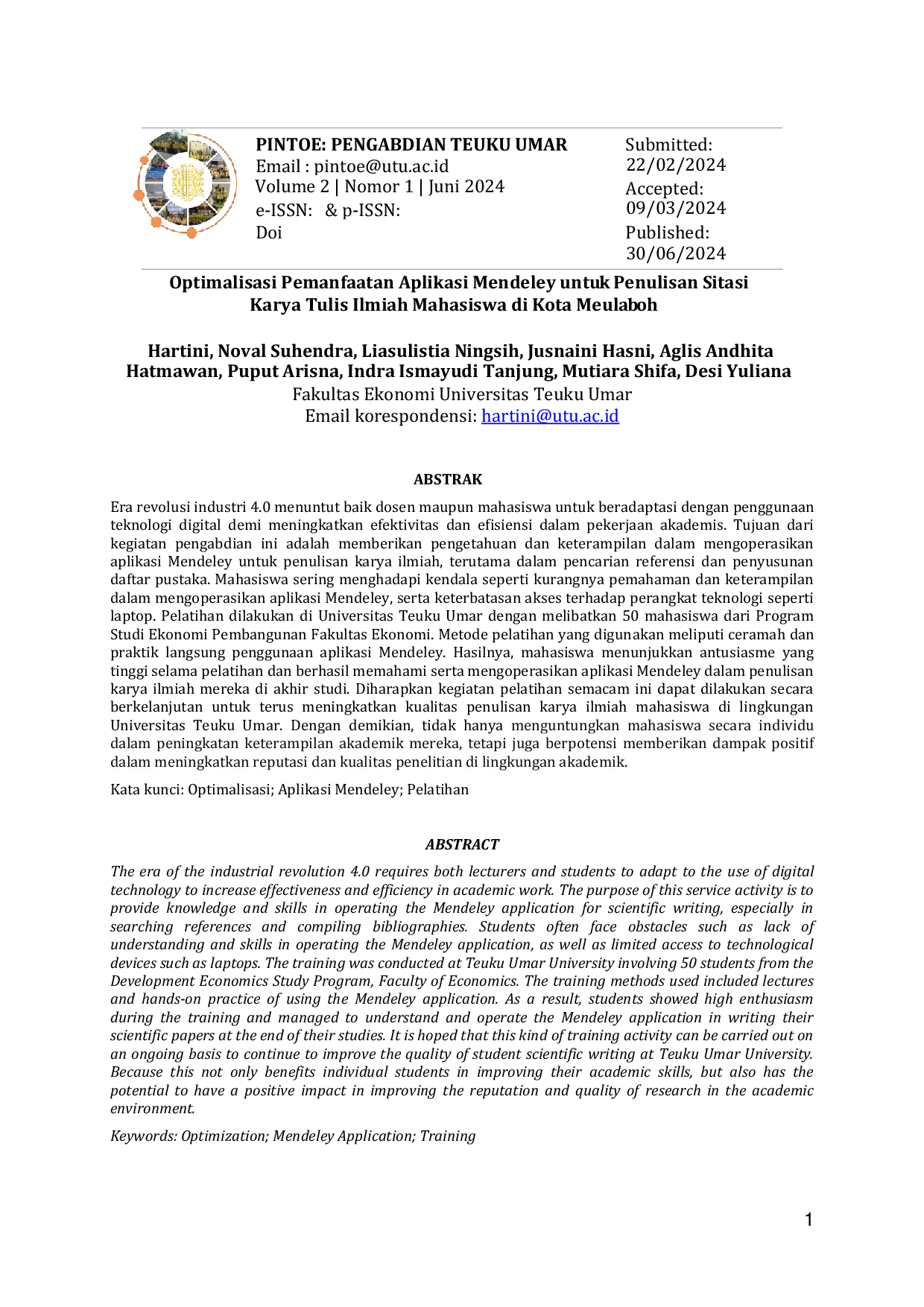 JURIS Optimalisasi Pemanfaatan Aplikasi Mendeley untuk Penulisan Sitasi Karya Tulis Ilmiah Mahasiswa di Kota Meulaboh