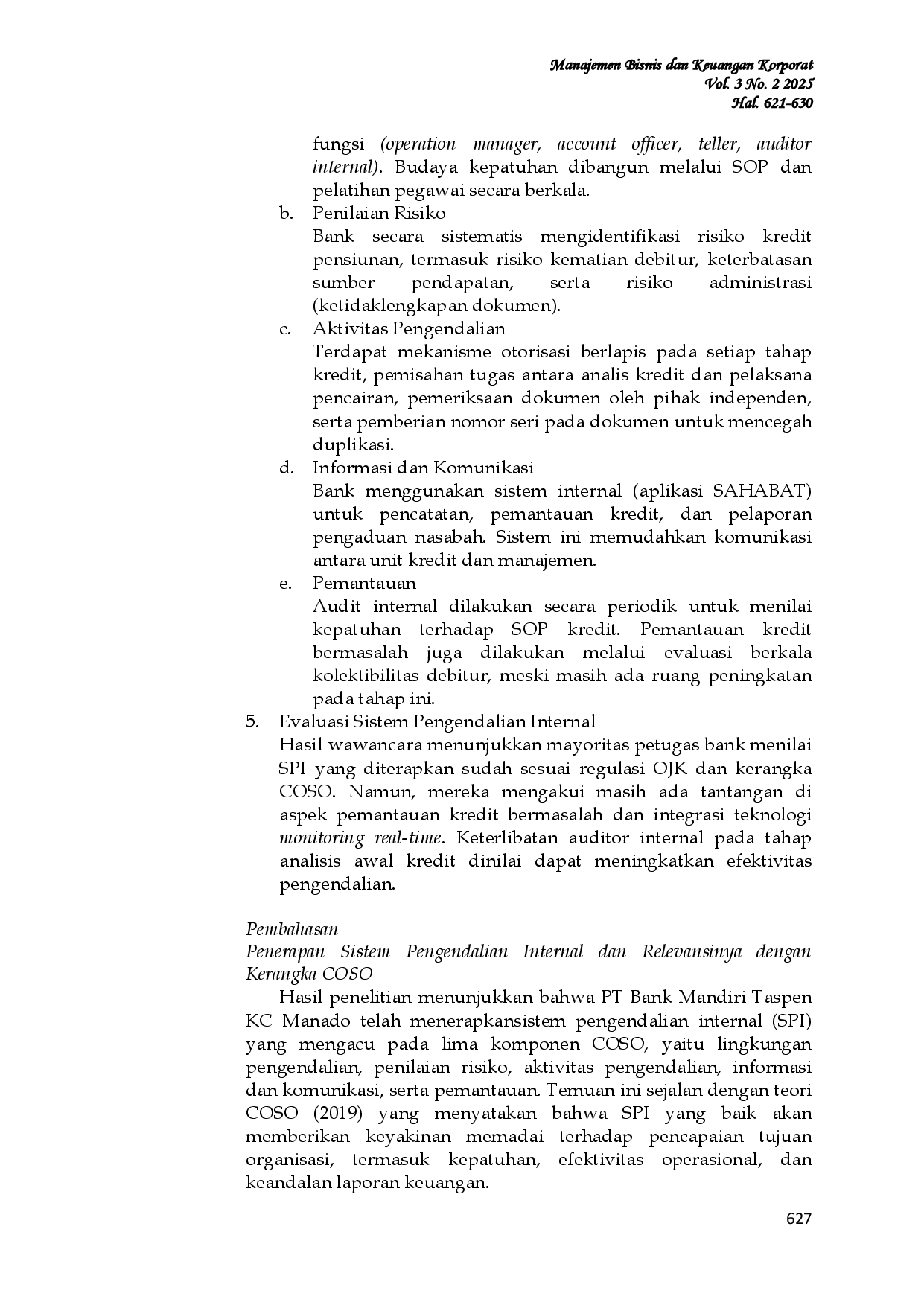 JURIS Sistem Pengendalian Internal Pemberian Kredit Mantap Pensiun Studi Kasus pada PT Bank Mandiri Taspen KC Manado
