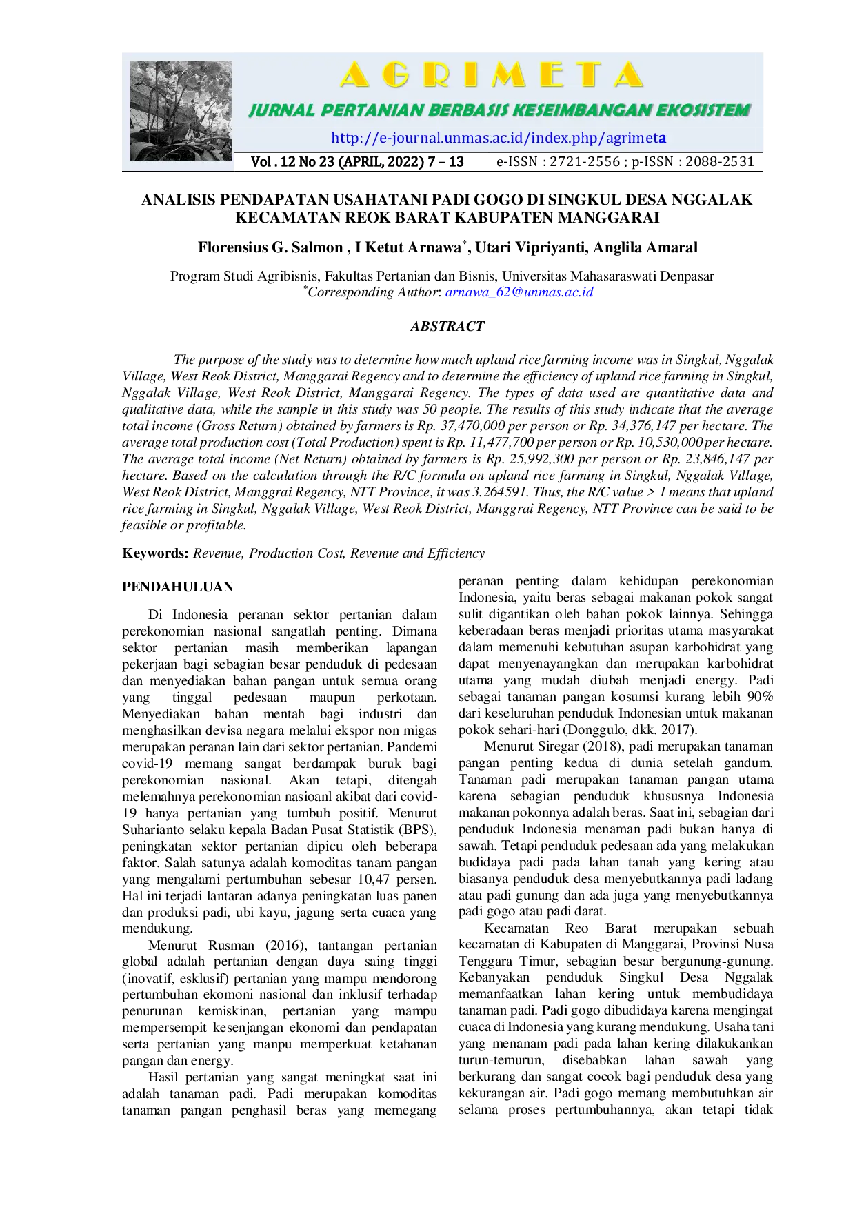 JURIS Analisis Pendapatan Usahatani Padi Gogo Di Singkul Desa Nggalak Kecamatan Reok Barat Kabupaten Manggarai