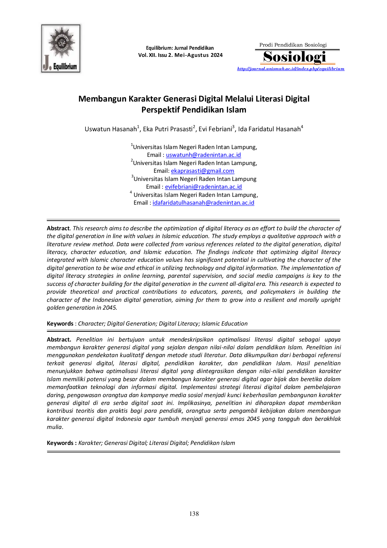JURIS Membangun Karakter Generasi Digital Melalui Literasi Digital Perspektif Pendidikan Islam