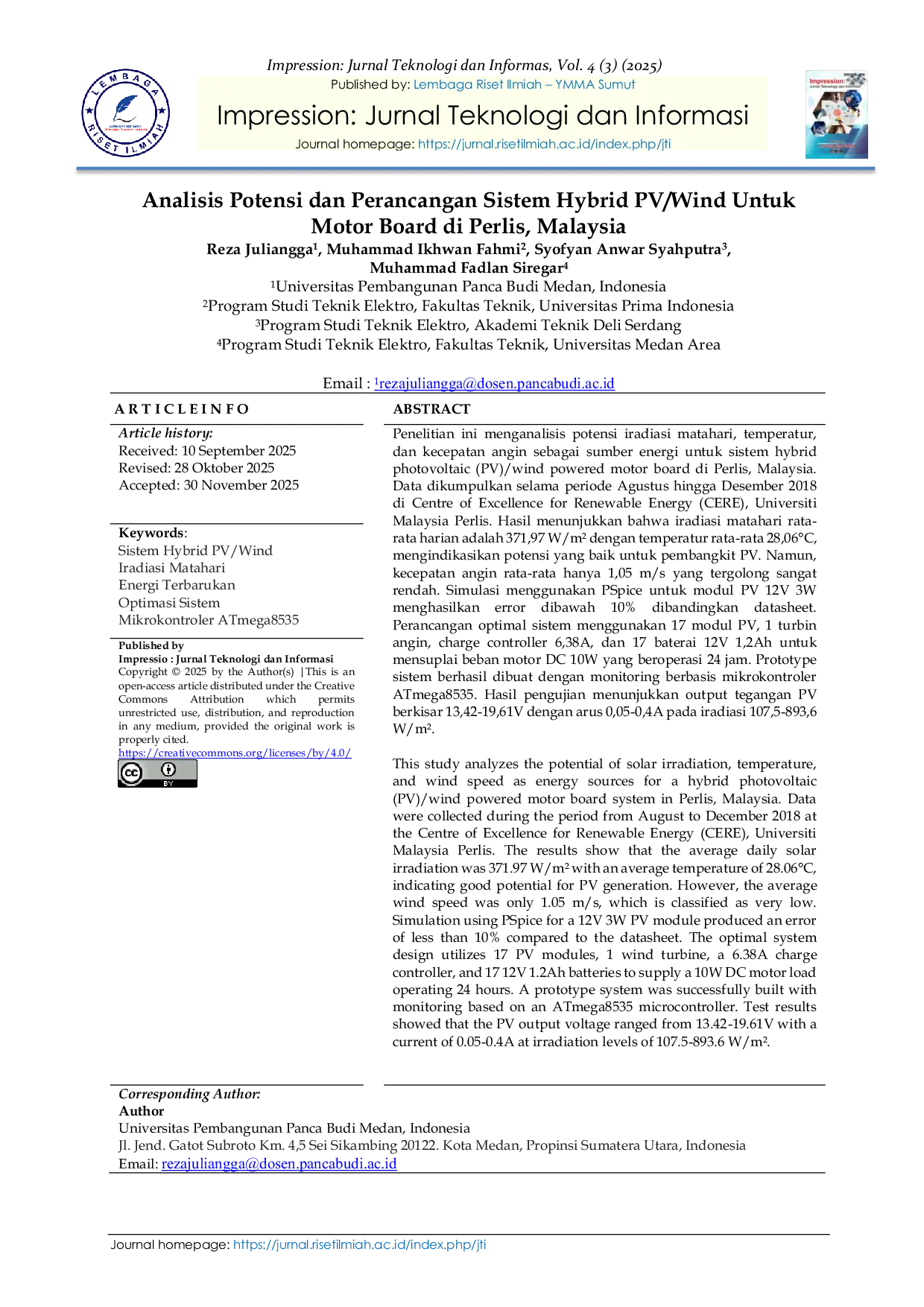 JURIS Analisis Potensi dan Perancangan Sistem Hybrid PV Wind Untuk Motor Board di Perlis Malaysia