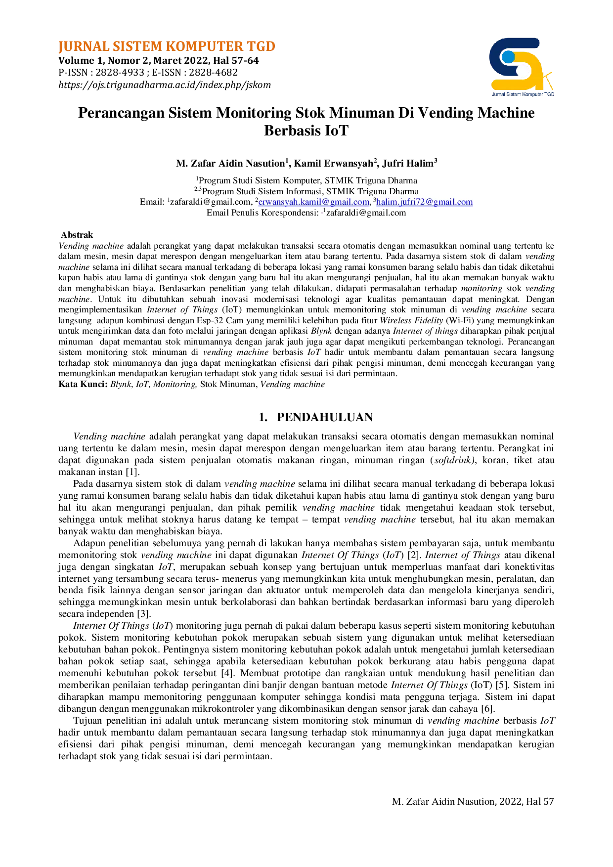 JURIS Perancangan Sistem Monitoring Stok Minuman Di Vending Machine Berbasis IoT