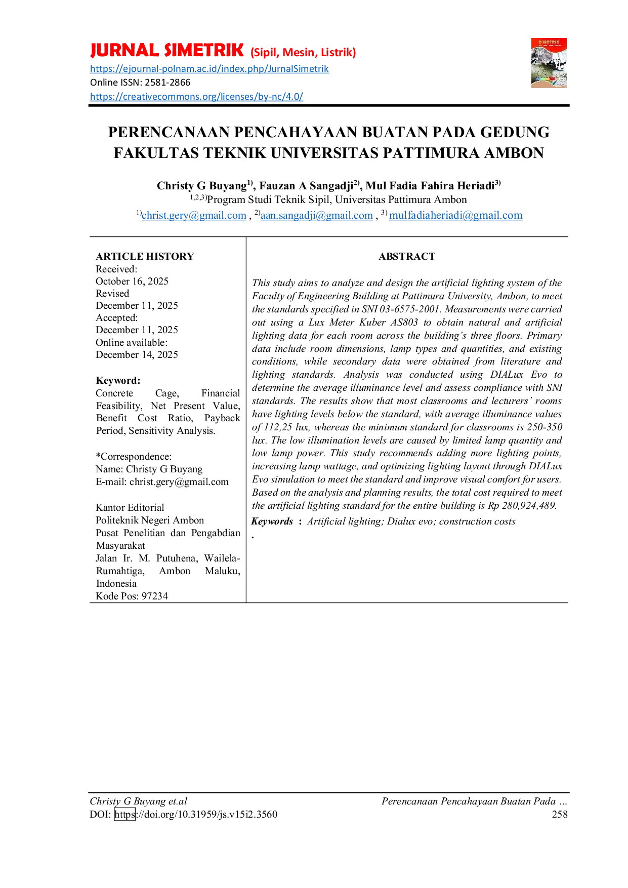 JURIS Perencanaan Pencahayaan Buatan Pada Gedung Fakultas Teknik Universitas Pattimura Ambon