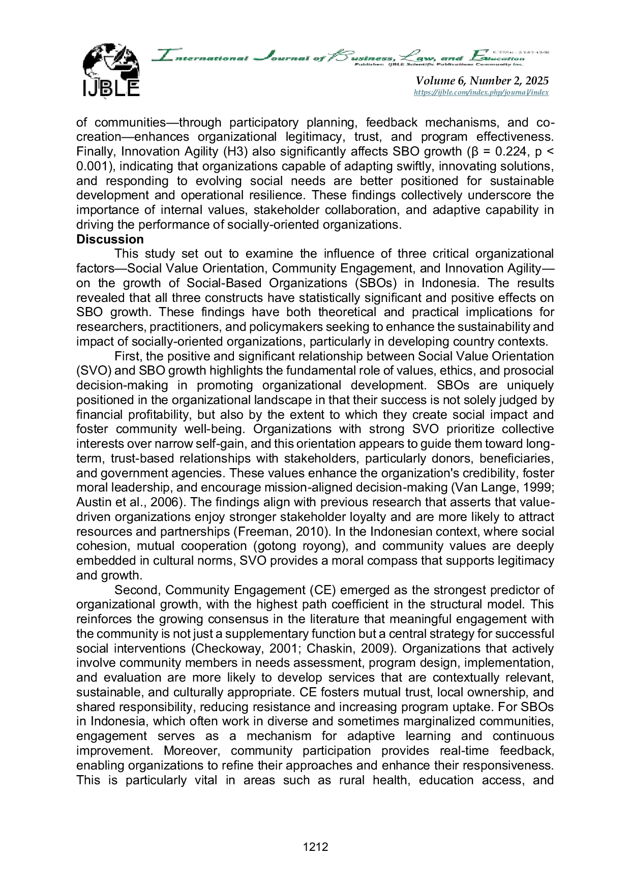 JURIS The Influence of Social Value Orientation Community Engagement and Innovation Agility on Social Based Organization Growth in Indonesia