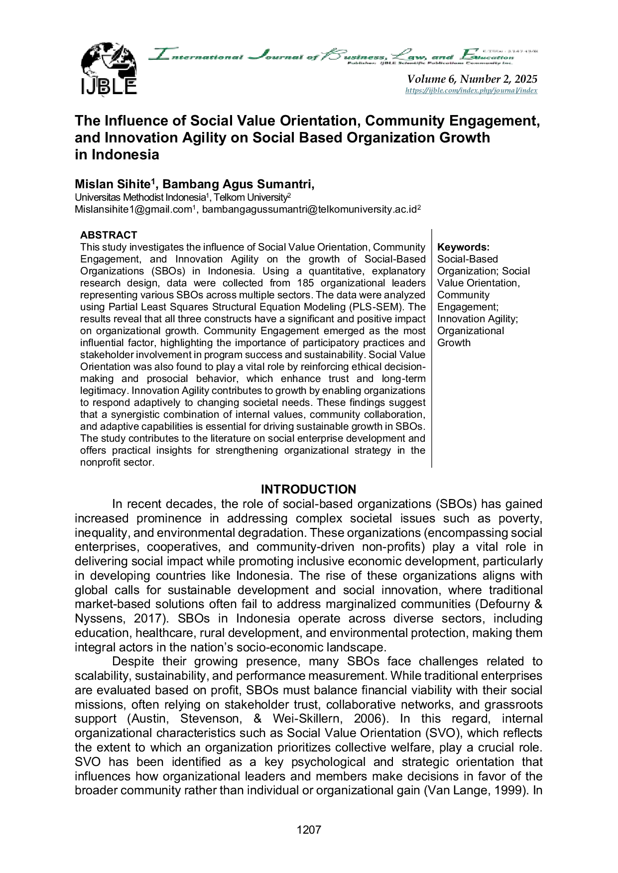 JURIS The Influence of Social Value Orientation Community Engagement and Innovation Agility on Social Based Organization Growth in Indonesia