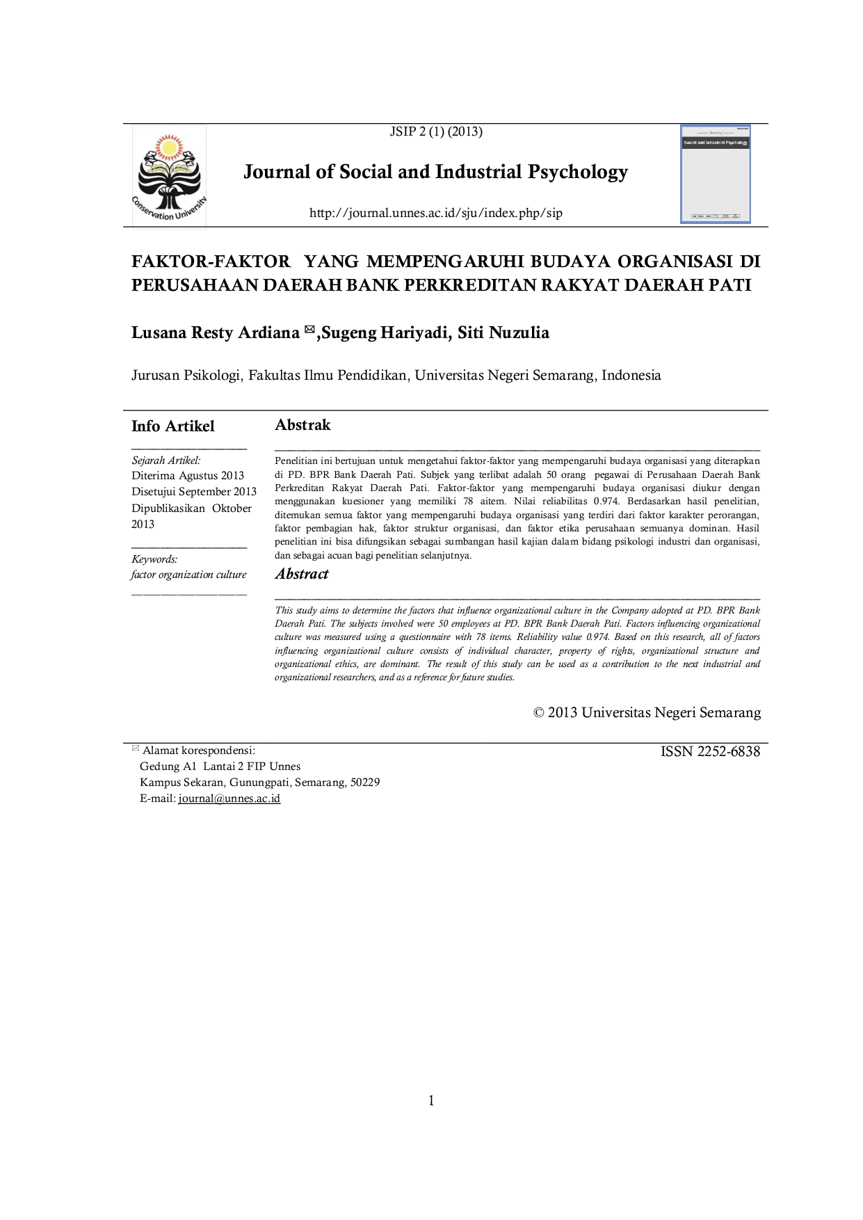 JURIS Faktor Faktor Yang Mempengaruhi Budaya Organisasi Di Perusahaan Daerah Bank Perkreditan Rakyat Daerah Pati