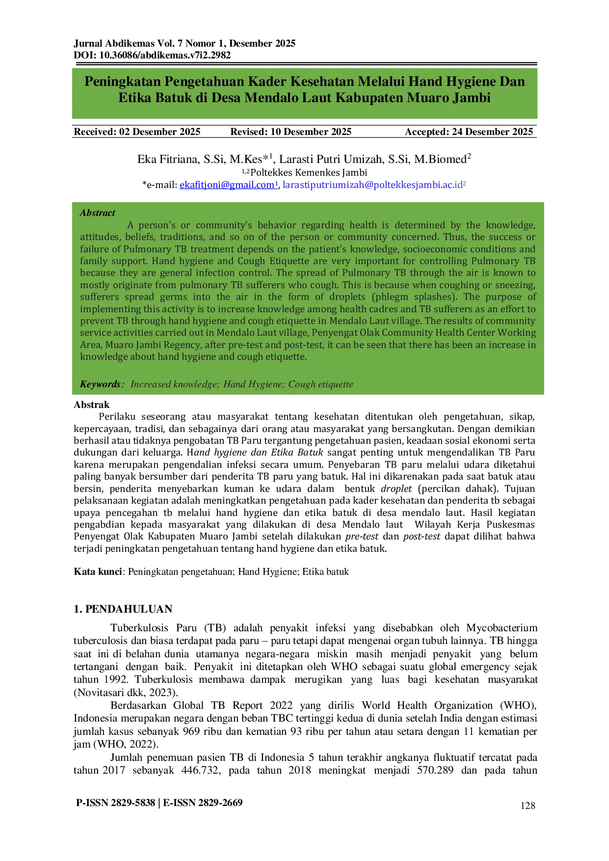 JURIS Peningkatan Pengetahuan Kader Kesehatan Melalui Hand Hygiene Dan Etika Batuk di Desa Mendalo Laut Kabupaten Muaro Jambi