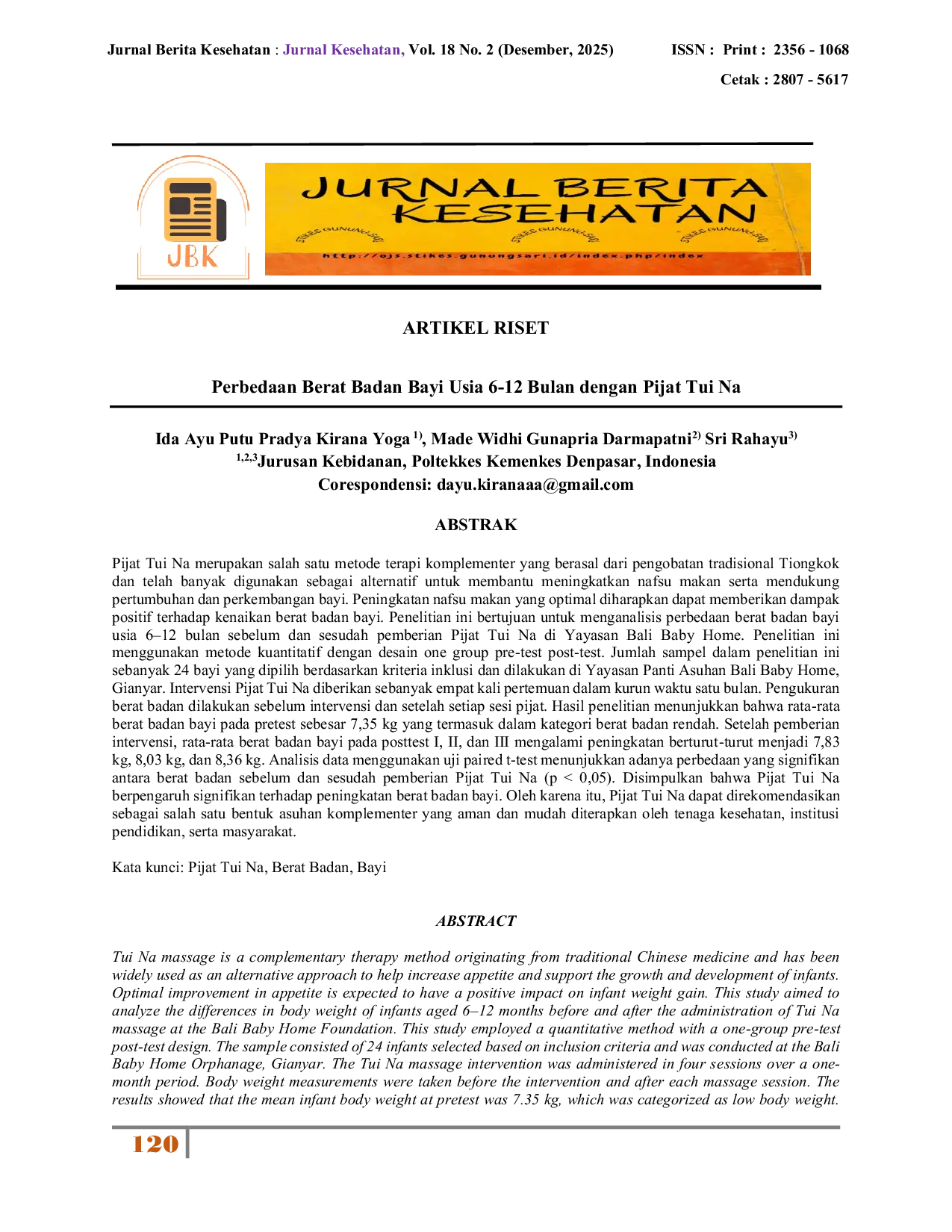 JURIS Perbedaan Berat Badan Bayi Usia 6 12 Bulan dengan Pijat Tui Na