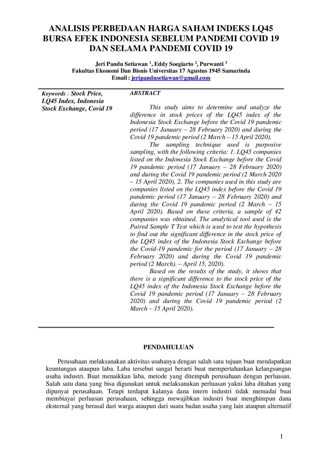 JURIS Analisis Perbedaan Harga Saham Indeks Lq45 Bursa Efek Indonesia Sebelum Pandemi Covid 19 Dan Selama Pandemi Covid 19