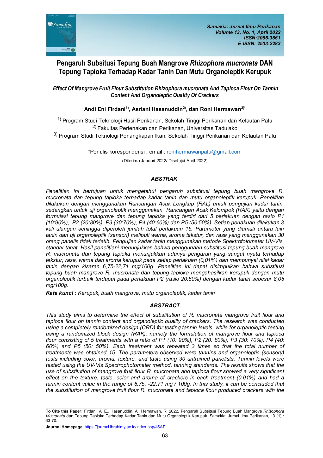 JURIS Pengaruh Subsitusi Tepung Buah Mangrove Rhizophora mucronata DAN Tepung Tapioka Terhadap Kadar Tanin Dan Mutu Organoleptik Kerupuk