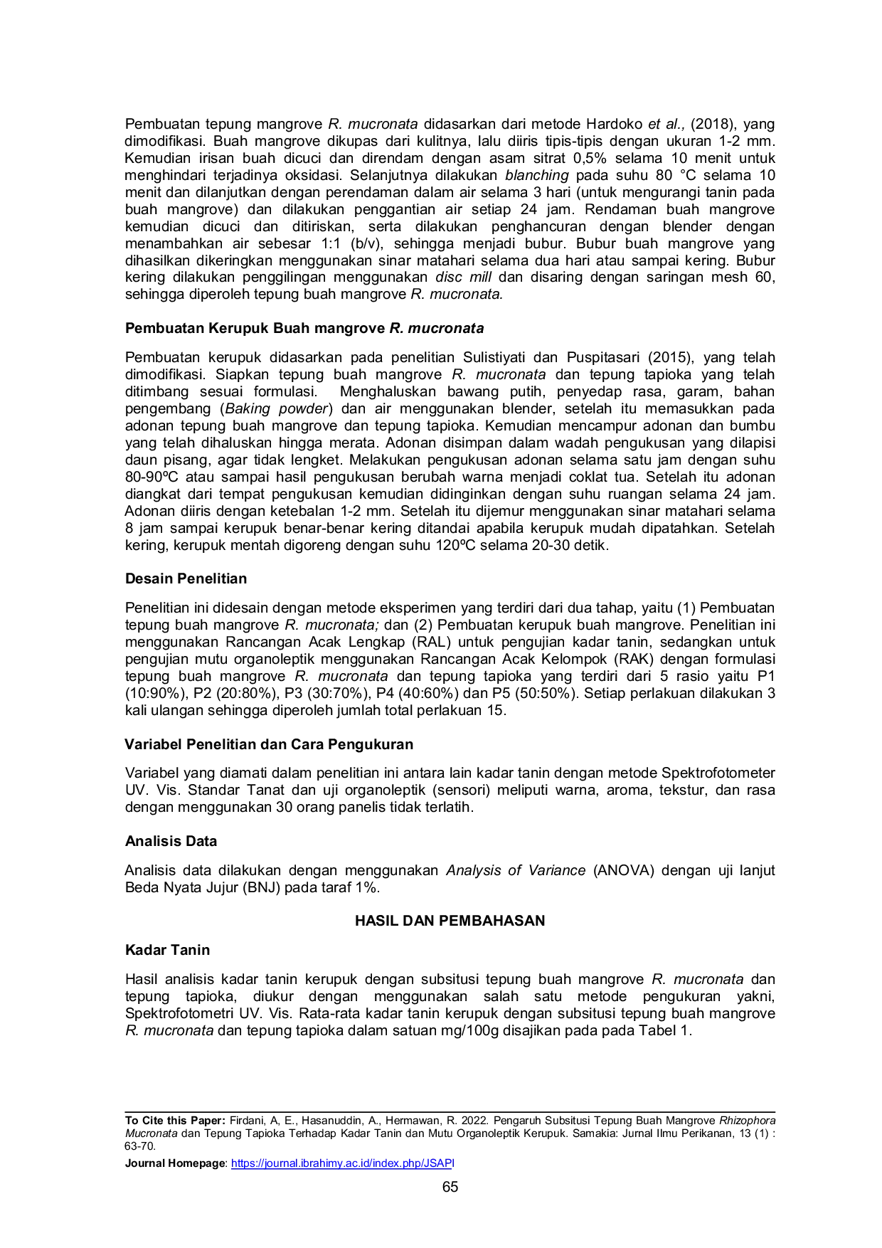 JURIS Pengaruh Subsitusi Tepung Buah Mangrove Rhizophora mucronata DAN Tepung Tapioka Terhadap Kadar Tanin Dan Mutu Organoleptik Kerupuk