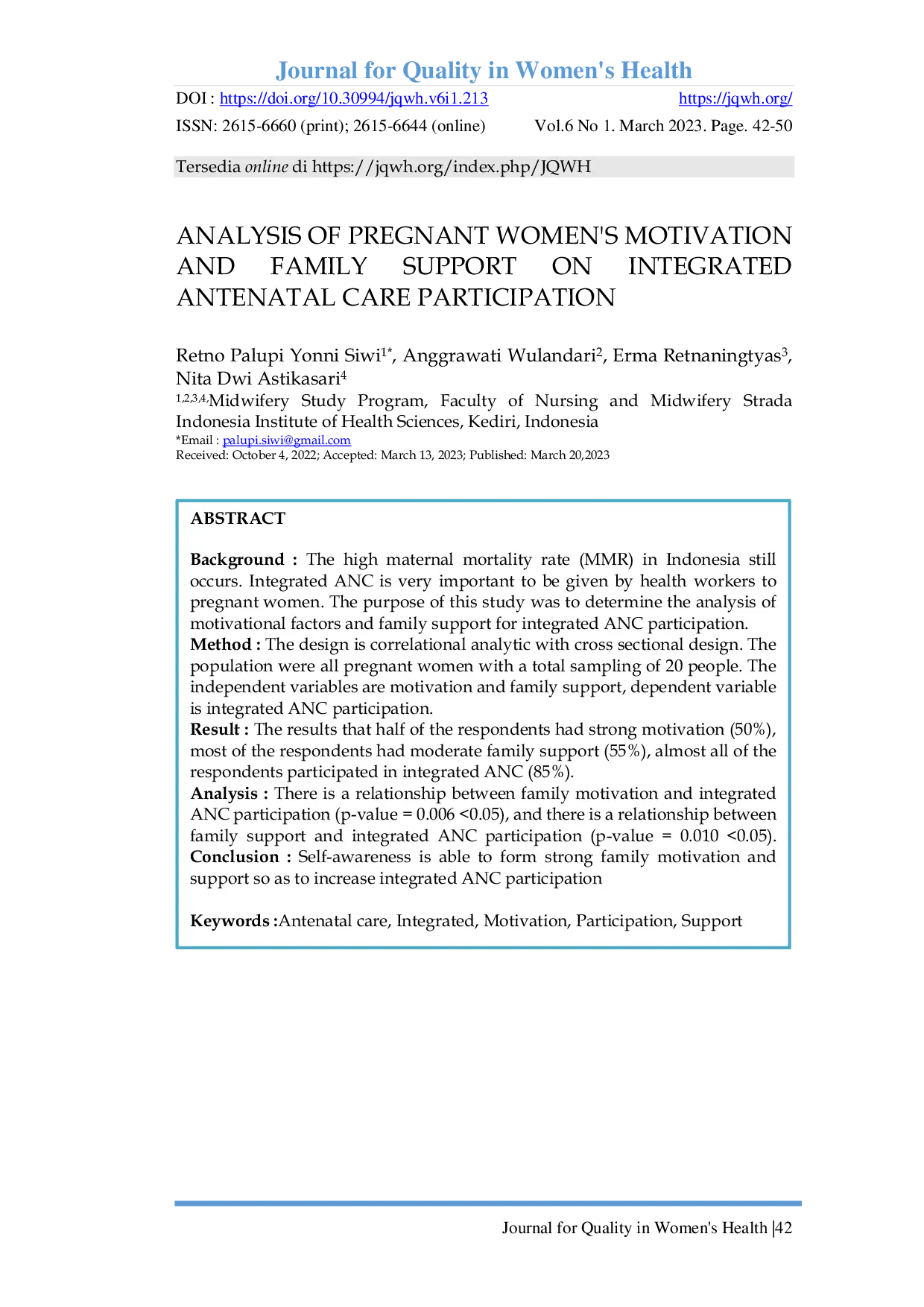 JURIS Analysis Of Pregnant Women s Motivation Integrated And Antenatal Care Participation