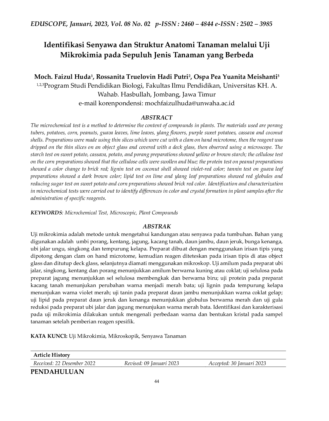 JURIS Identifikasi Senyawa dan Struktur Anatomi Tanaman melalui Uji Mikrokimia pada Sepuluh Jenis Tanaman yang Berbeda