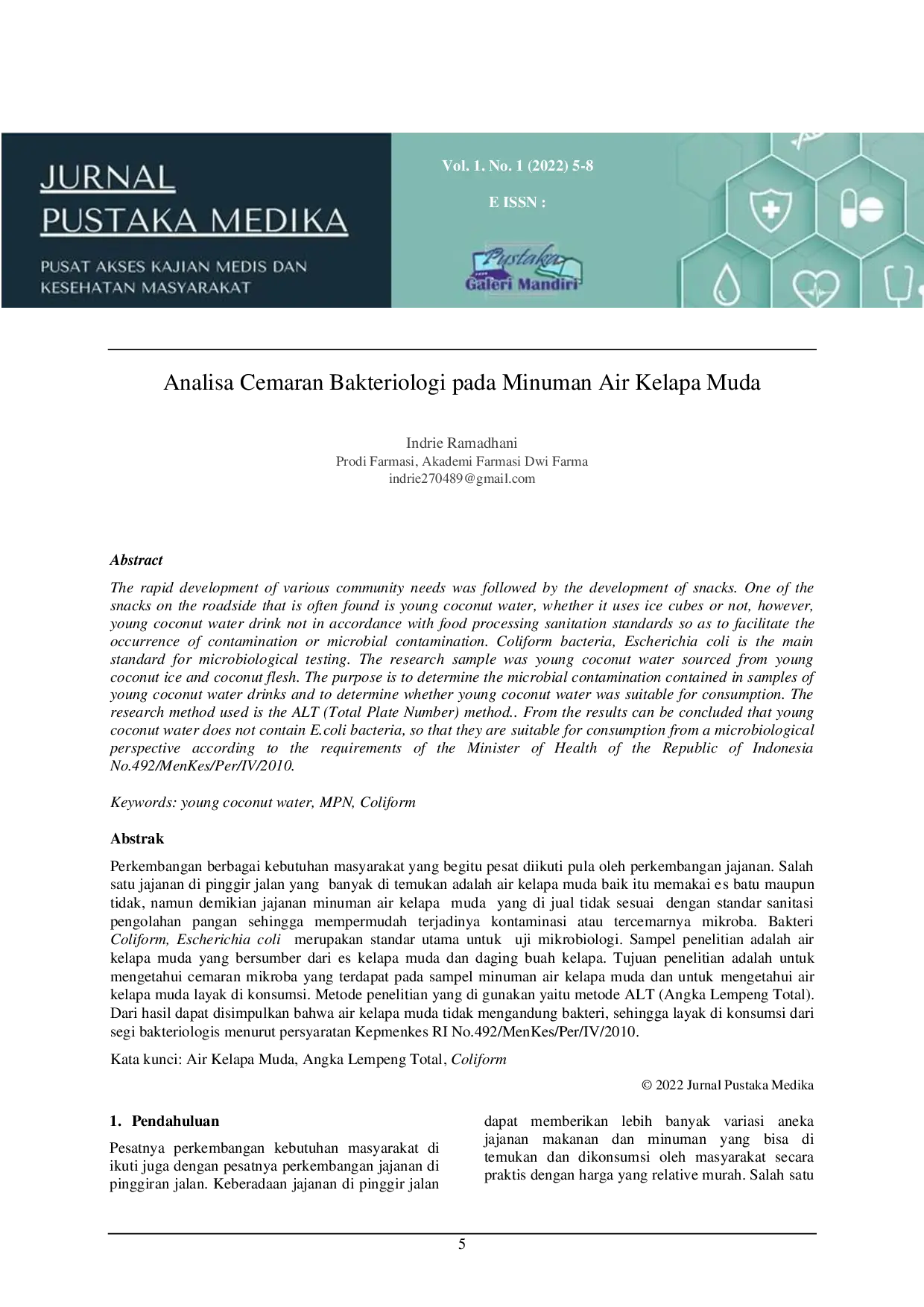 JURIS Analisa Cemaran Bakteriologi pada Minuman Air Kelapa Muda