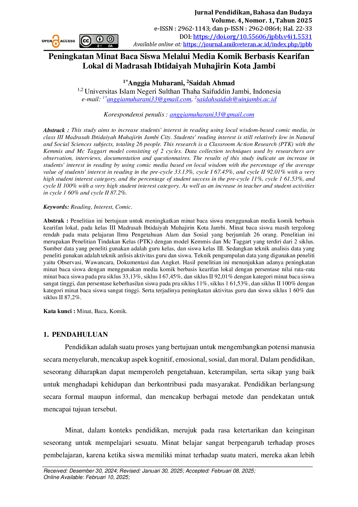 juris Peningkatan Minat Baca Siswa Melalui Media Komik Berbasis Kearifan Lokal di Madrasah Ibtidaiyah Muhajirin Kota Jambi