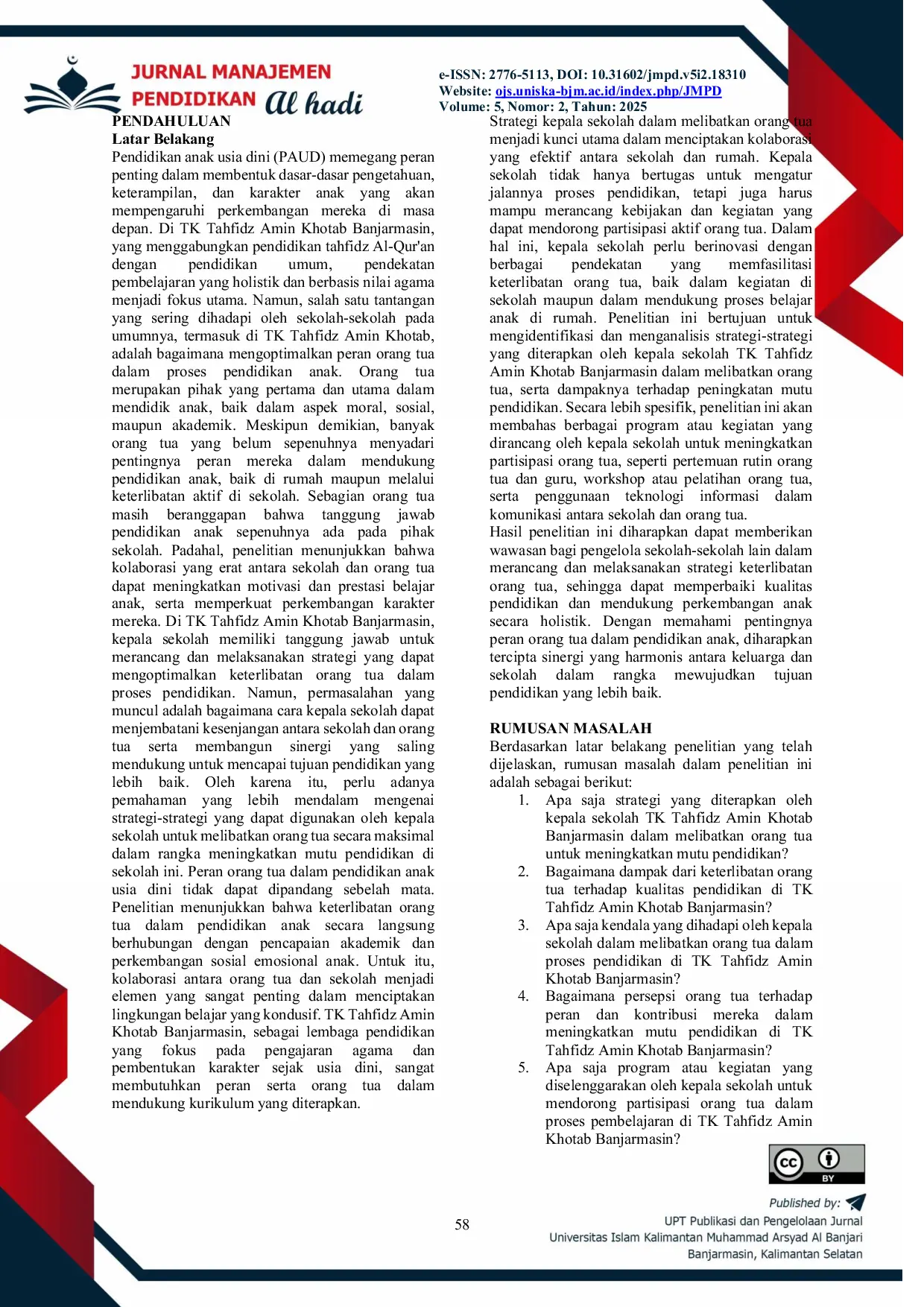 JURIS Strategi Kepala Sekolah Dalam Melibatkan Orang Tua Untuk Meningkatkan Mutu Pendidikan Pada Tk Tahfidz Amin Khotab Banjarmasin