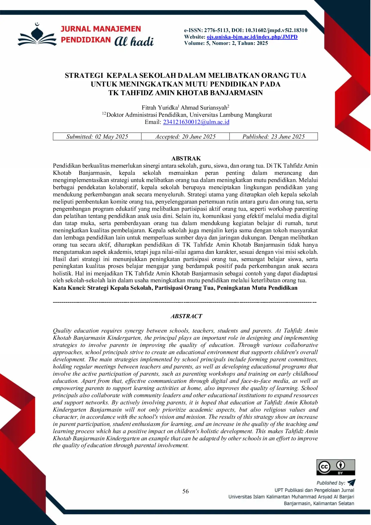 JURIS Strategi Kepala Sekolah Dalam Melibatkan Orang Tua Untuk Meningkatkan Mutu Pendidikan Pada Tk Tahfidz Amin Khotab Banjarmasin