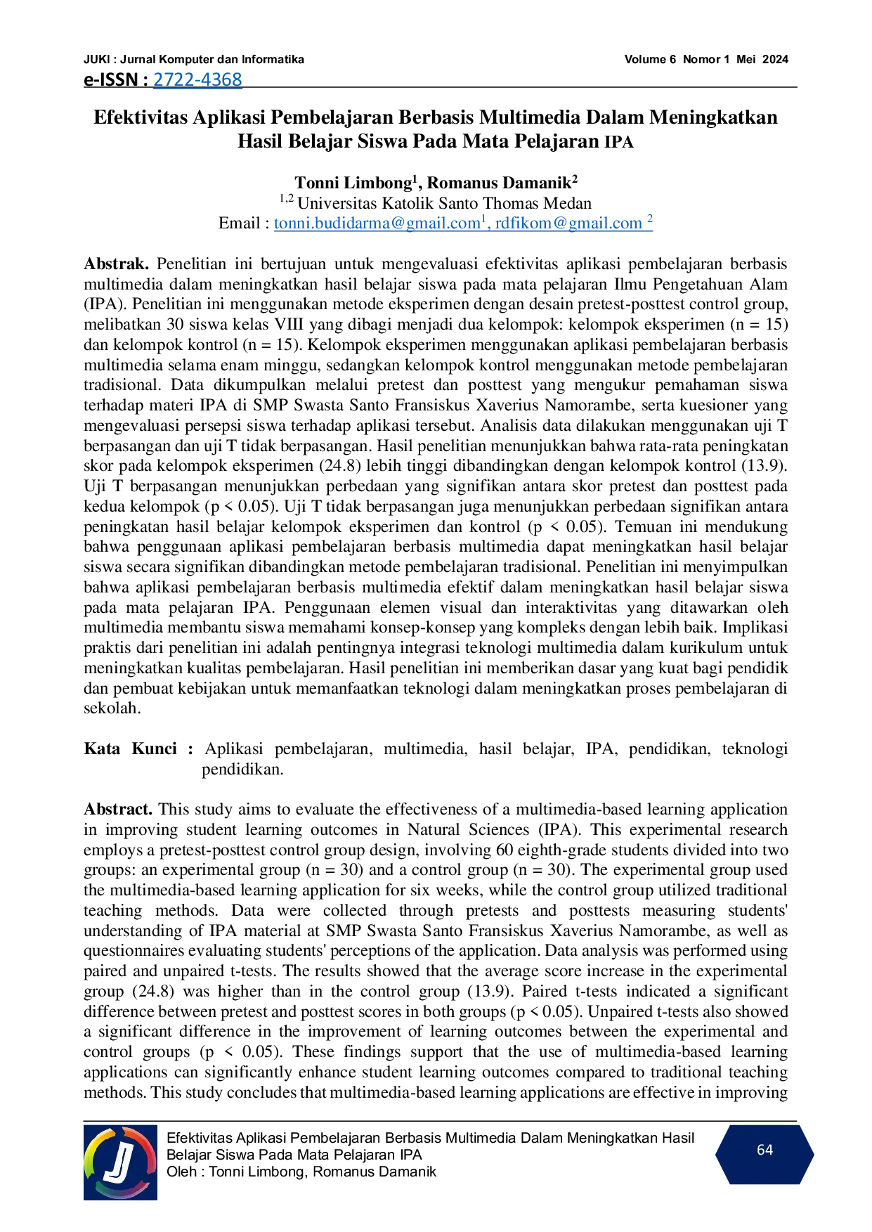 JURIS Efektivitas Aplikasi Pembelajaran Berbasis Multimedia Dalam Meningkatkan Hasil Belajar Siswa Pada Mata Pelajaran IPA