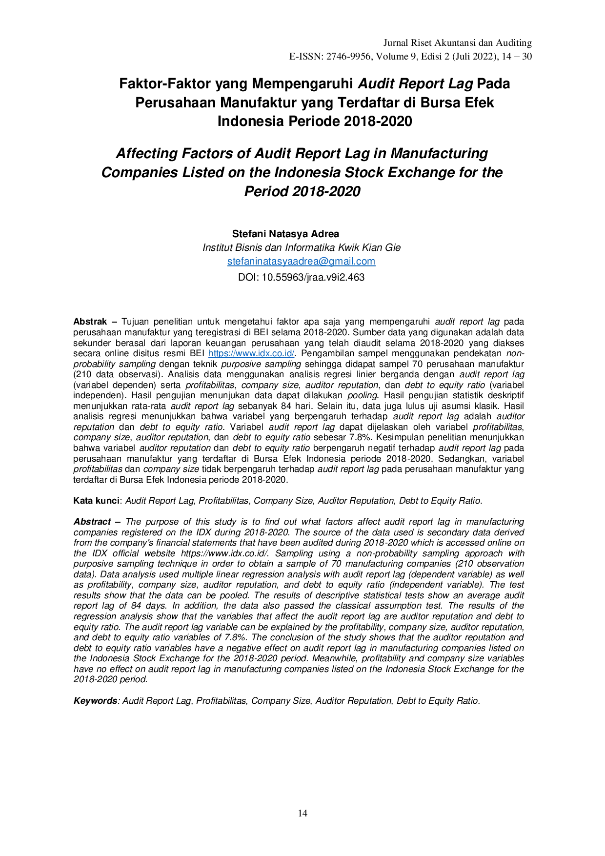 juris Faktor Faktor yang Mempengaruhi Audit Report Lag Pada Perusahaan Manufaktur yang Terdaftar di Bursa Efek Indonesia Periode 2018 2020