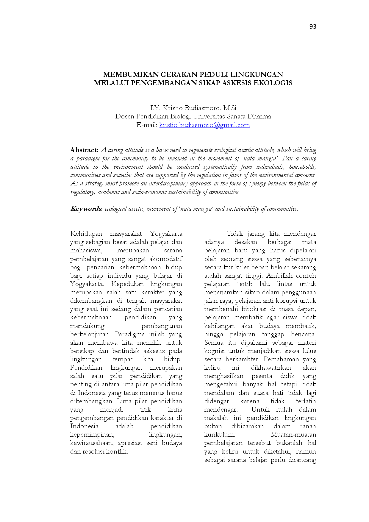 juris Membumikan Gerakan Peduli Lingkungan Melalui Pengembangan Sikap Askesis Ekologis