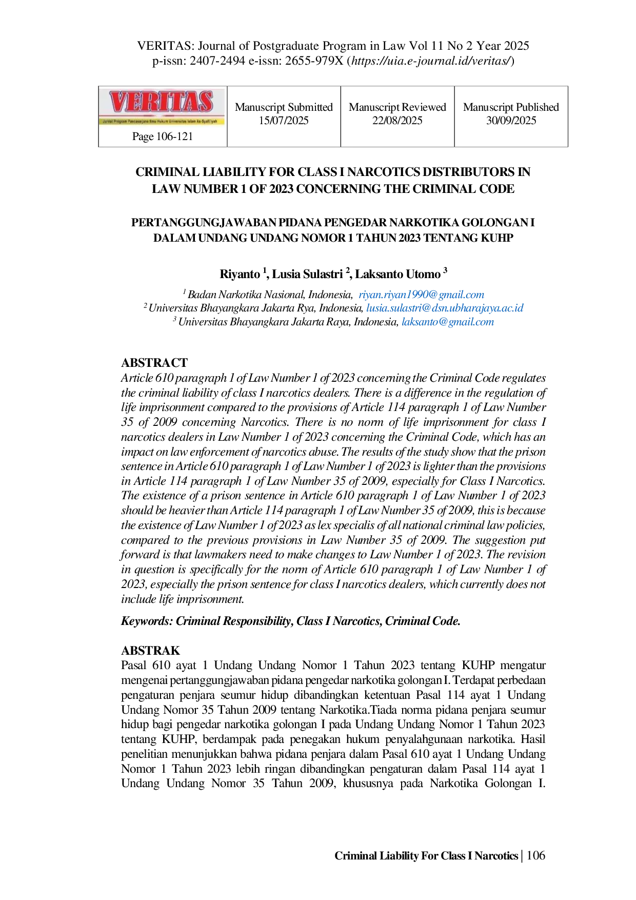 JURIS Criminal Liability For Class I Narcotics Distributors In Law Number 1 Of 2023 Concerning The Criminal Code