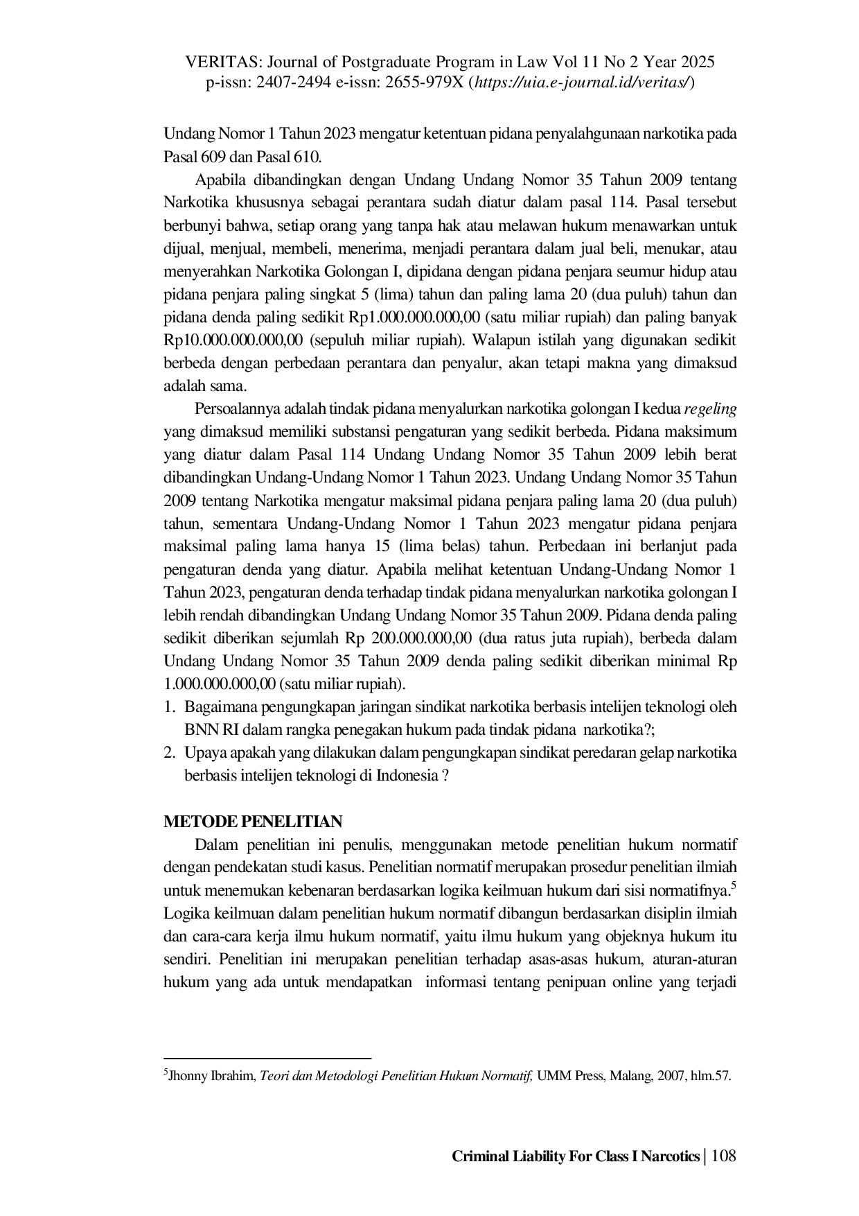 JURIS Criminal Liability For Class I Narcotics Distributors In Law Number 1 Of 2023 Concerning The Criminal Code