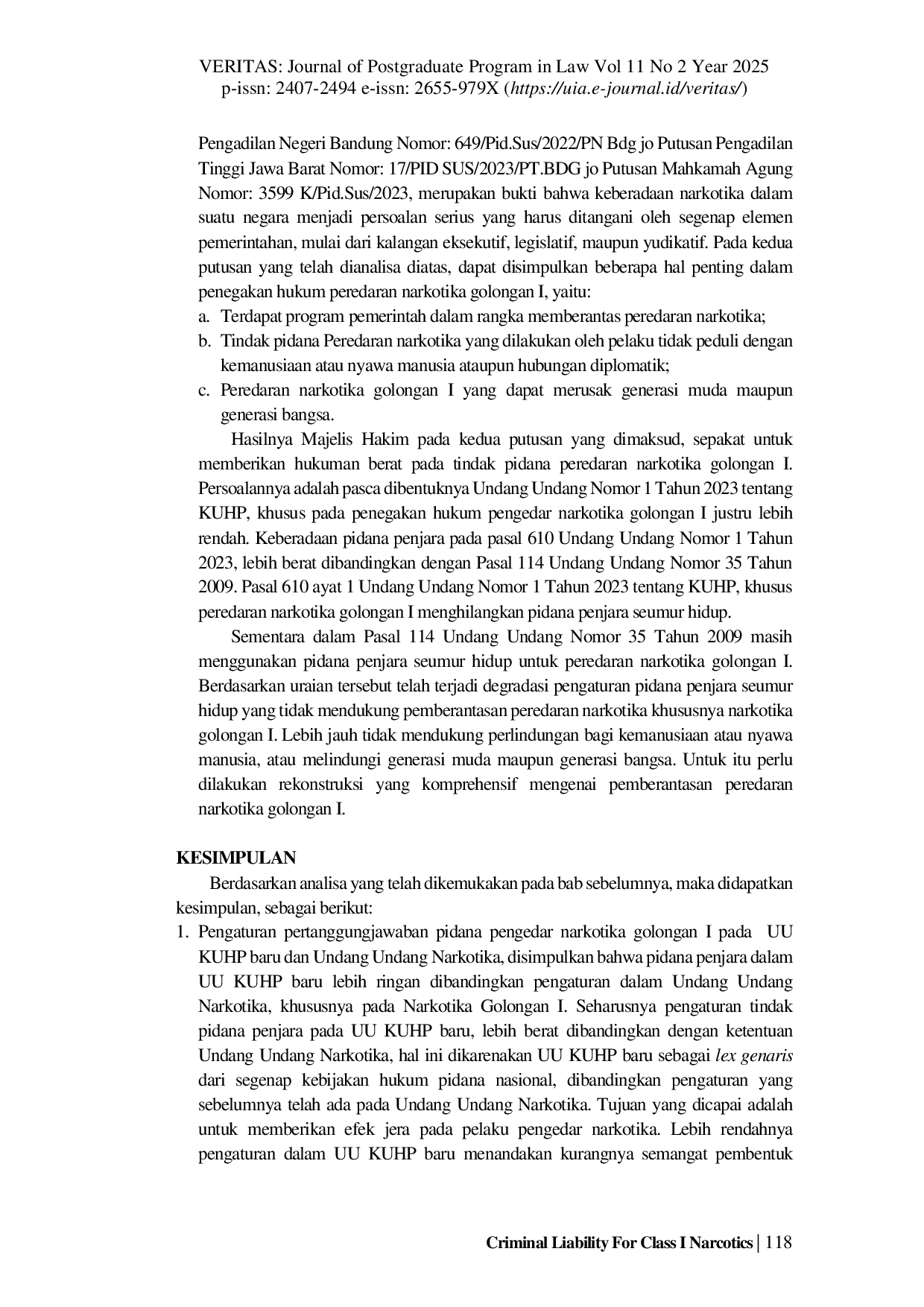 JURIS Criminal Liability For Class I Narcotics Distributors In Law Number 1 Of 2023 Concerning The Criminal Code