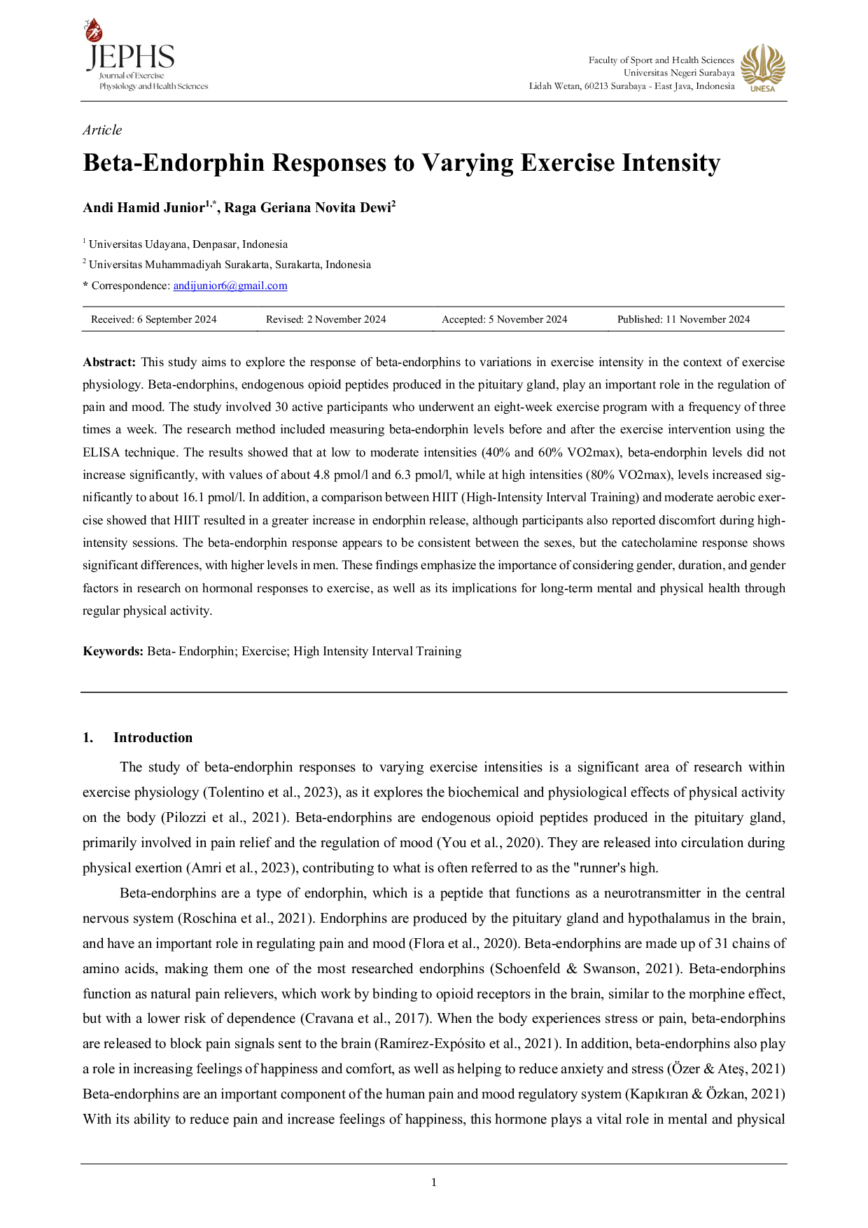 JURIS Beta Endorphin Responses to Varying Exercise Intensity