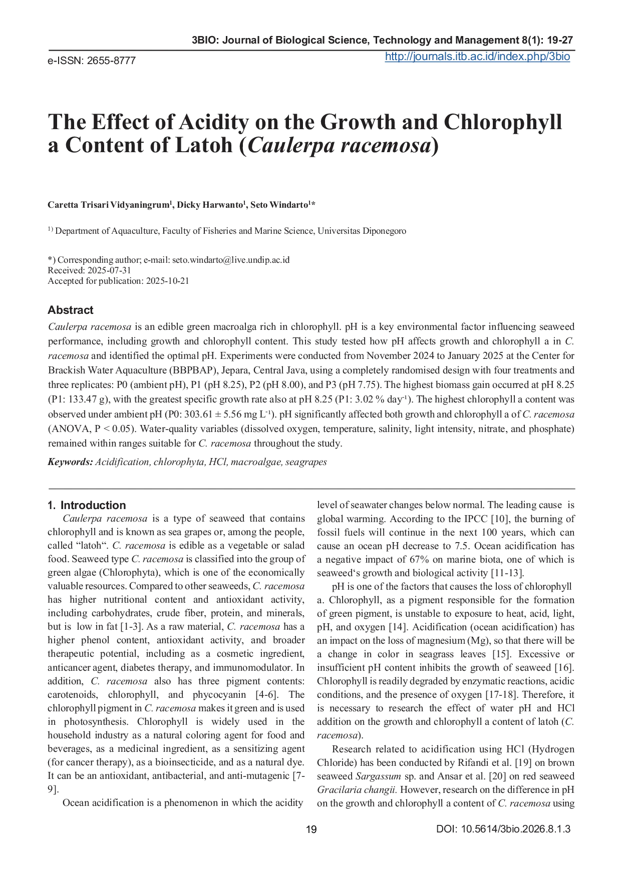 JURIS The Effect of Acidity on the Growth and Chlorophyll a Content of Latoh Caulerpa racemosa
