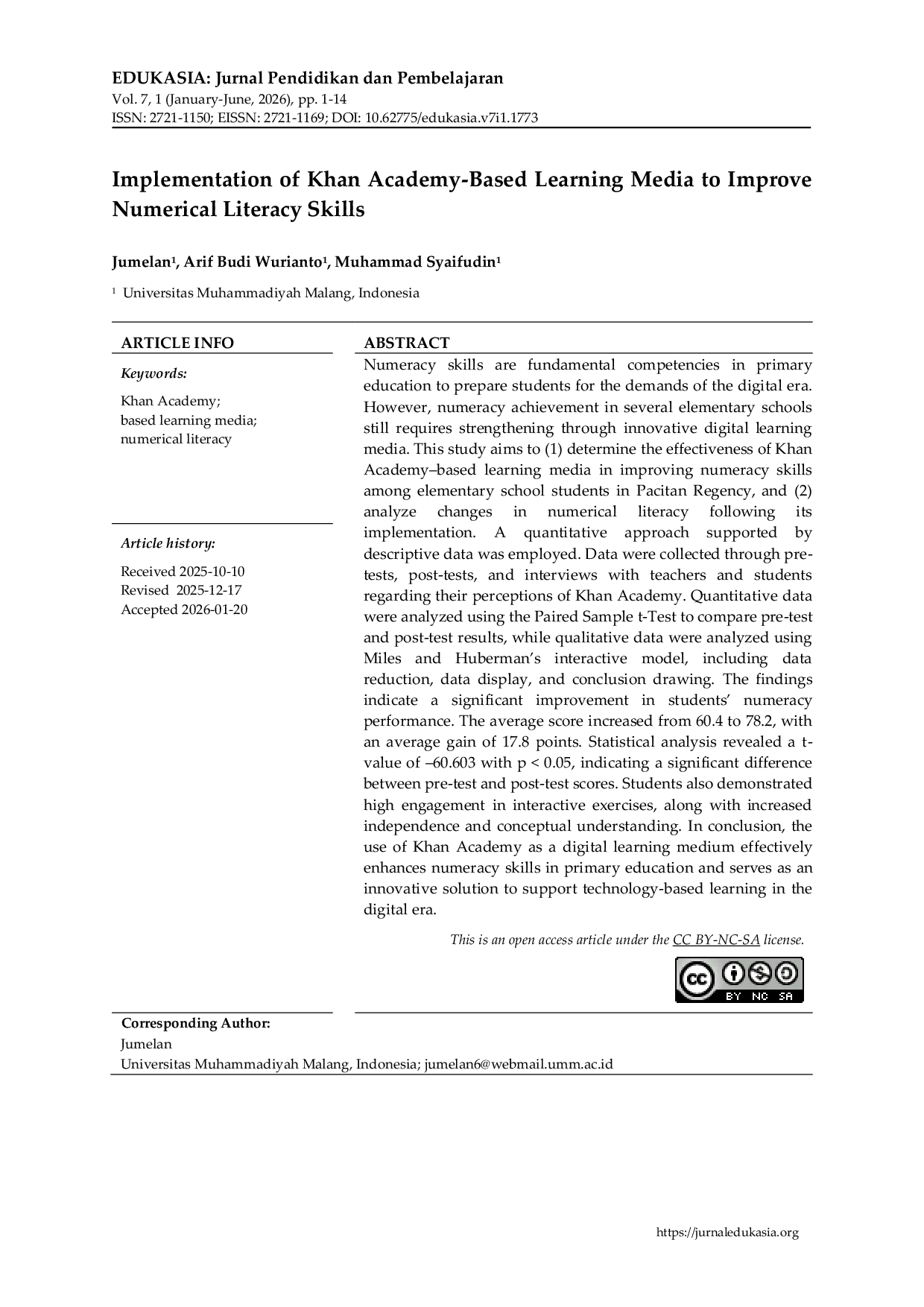 JURIS Implementation of Khan Academy Based Learning Media to Improve Numerical Literacy Skills