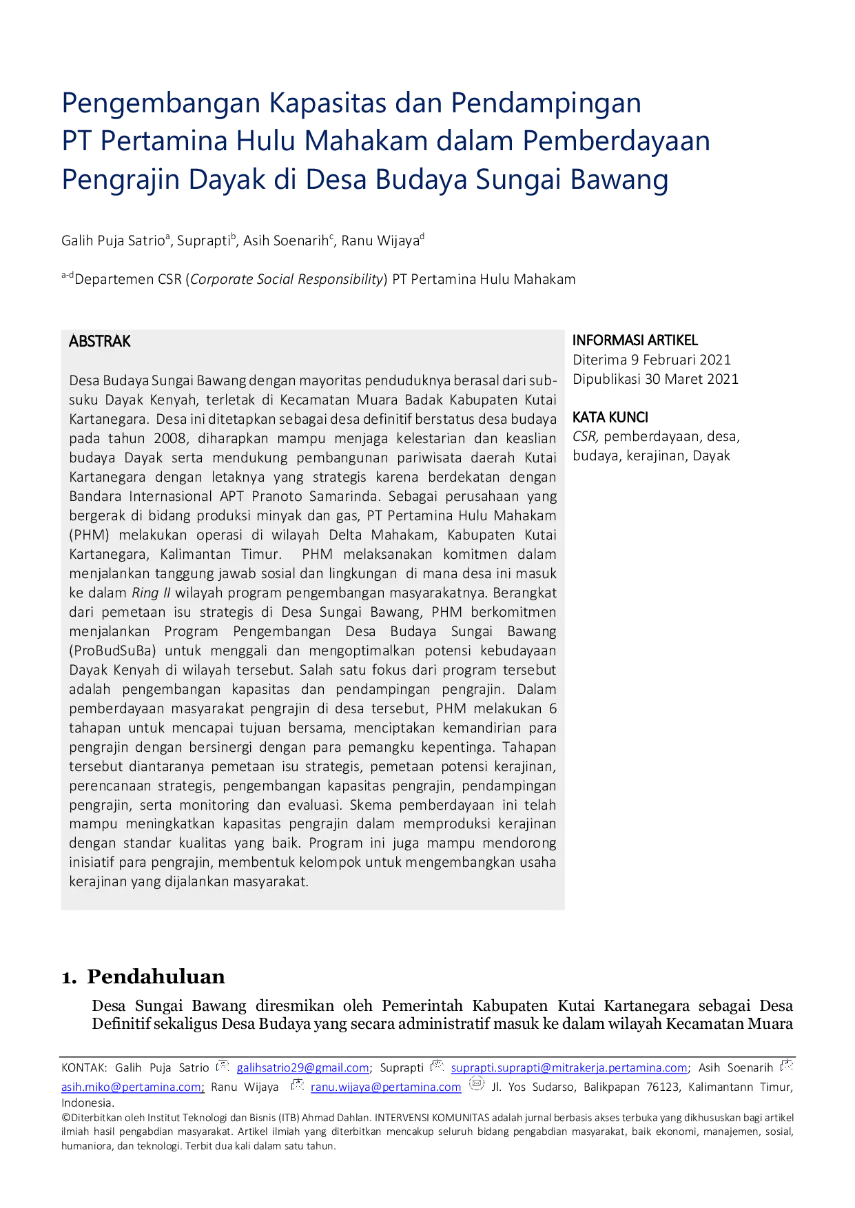 JURIS Pengembangan Kapasitas dan Pendampingan PT Pertamina Hulu Mahakam dalam Pemberdayaan Pengrajin Dayak di Desa Budaya Sungai Bawang