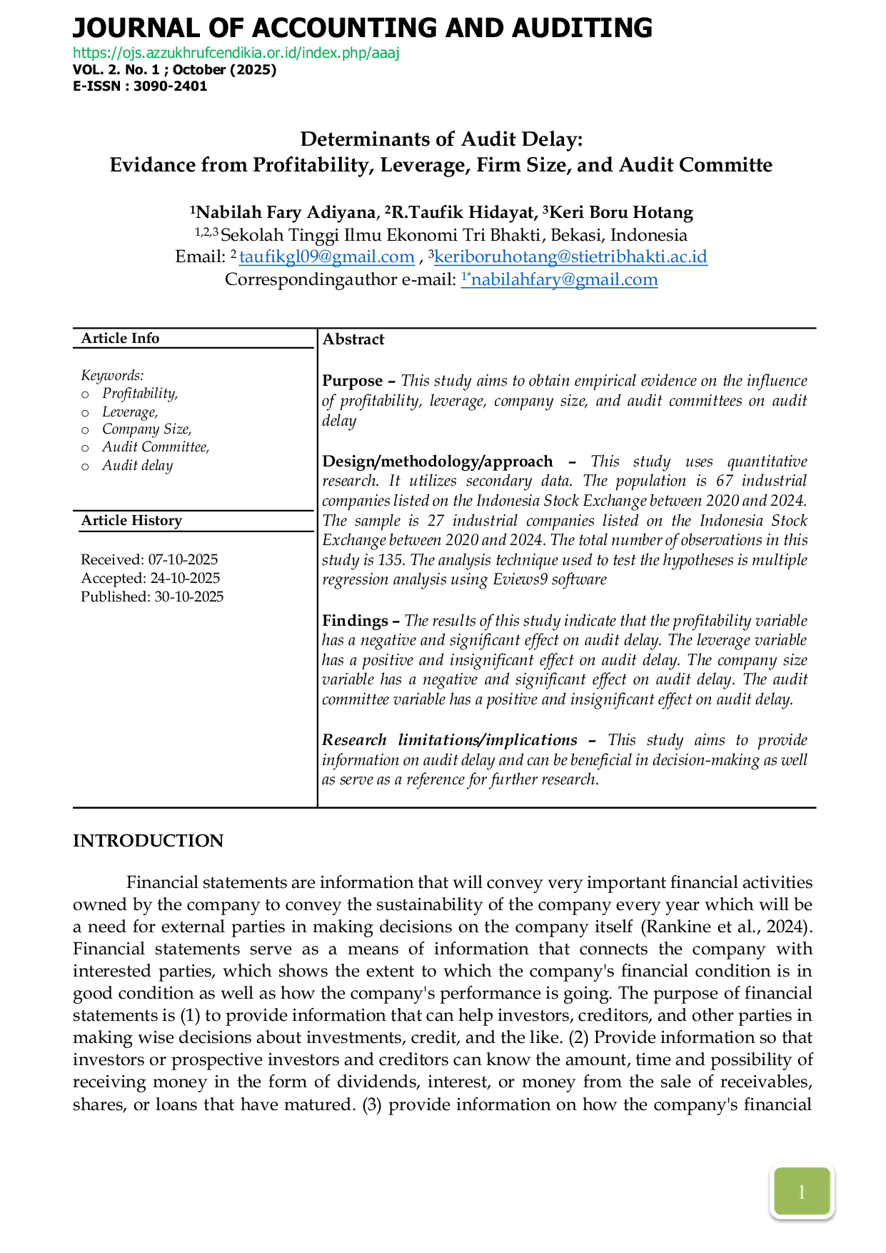 JURIS Determinants of Audit Delay Evidance from Profitability Leverage Firm Size and Audit Committe