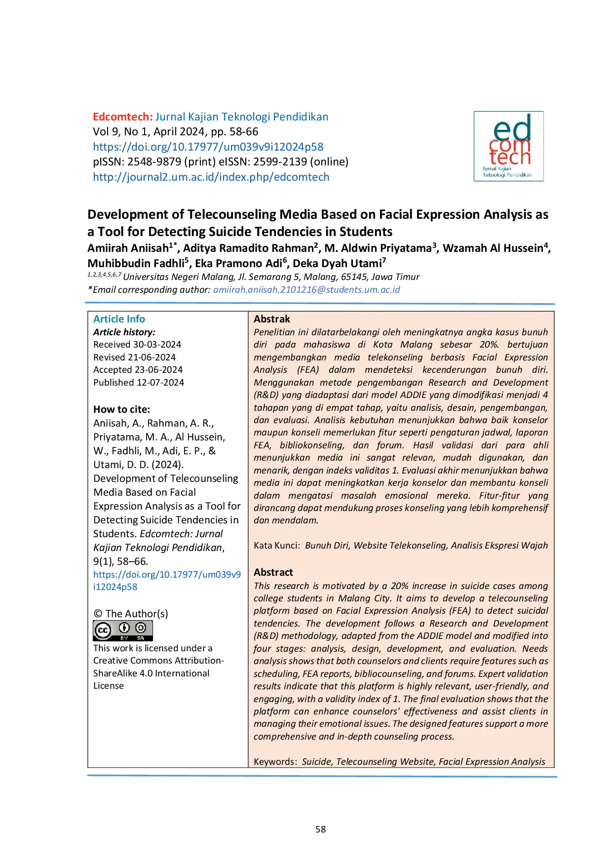 JURIS Development of Telecounseling Media Based on Facial Expression Analysis as A Tool for Detecting Suicide Tendencies n Students