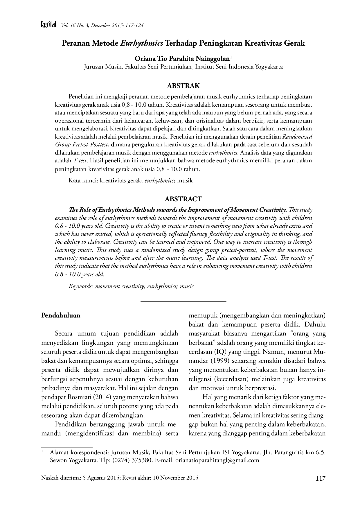 juris Peranan Metode Eurhythmics Terhadap Peningkatan Kreativitas Gerak