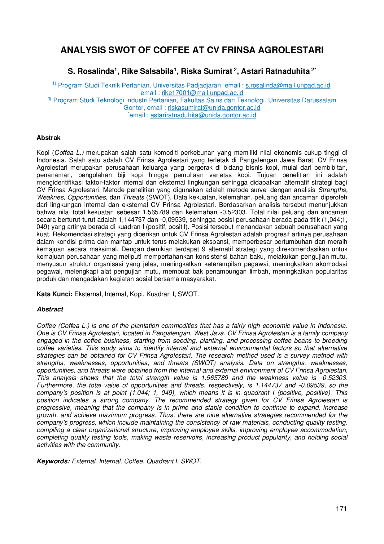 JURIS Analysis SWOT of Coffee at Cv Frinsa Agrolestari