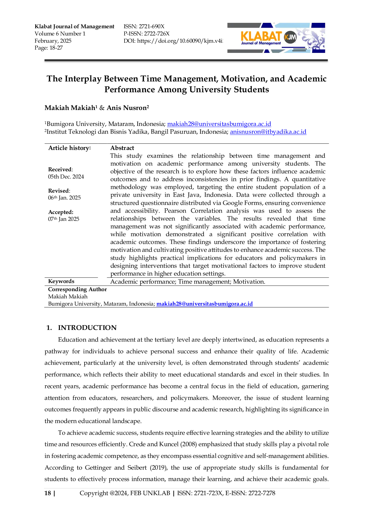 JURIS The Interplay Between Time Management Motivation and Academic Performance Among University Students