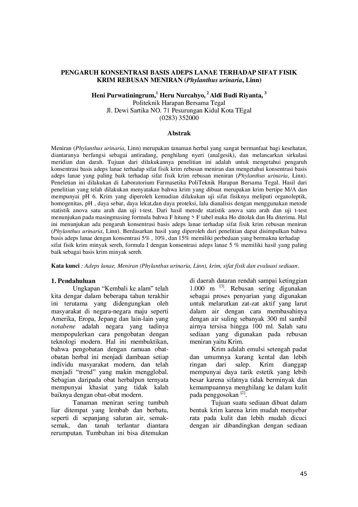 JURIS PENGARUH KONSENTRASI BASIS ADEPS LANAE TERHADAP SIFAT FISIK KRIM REBUSAN MENIRAN Phylanthus urinaria Linn