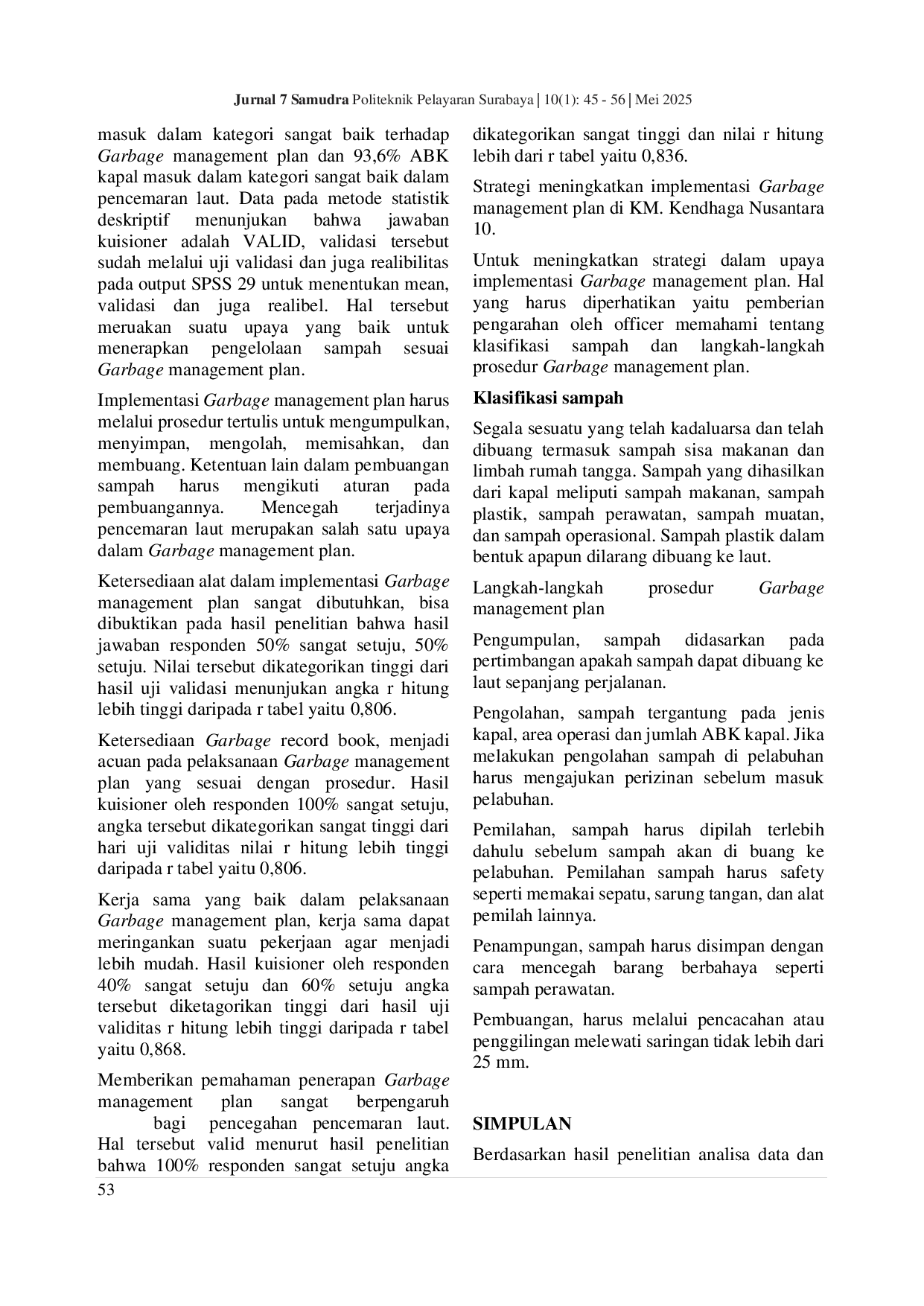 JURIS Implementasi Garbage Management Plan Dalam Upaya Mencegah Pencemaran Laut di KM Kendhaga Nusantara 10