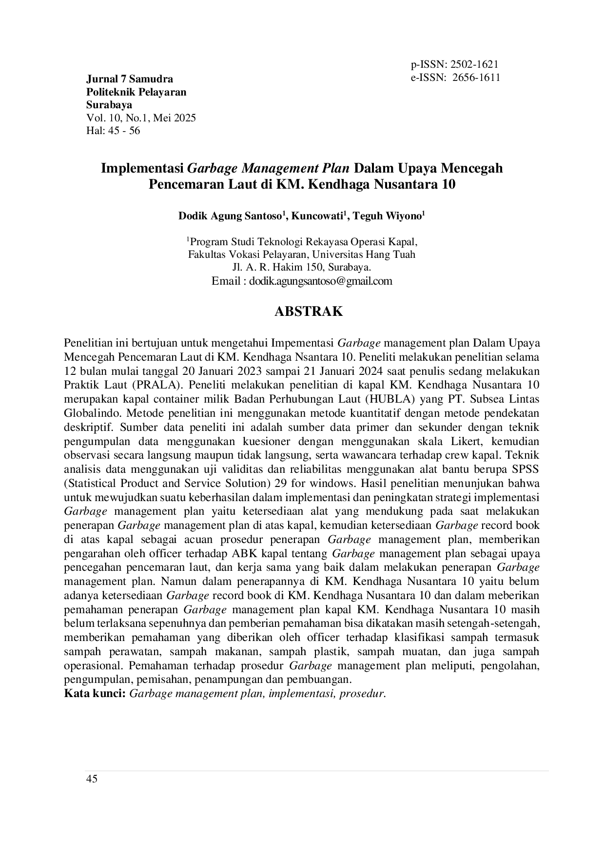 JURIS Implementasi Garbage Management Plan Dalam Upaya Mencegah Pencemaran Laut di KM Kendhaga Nusantara 10
