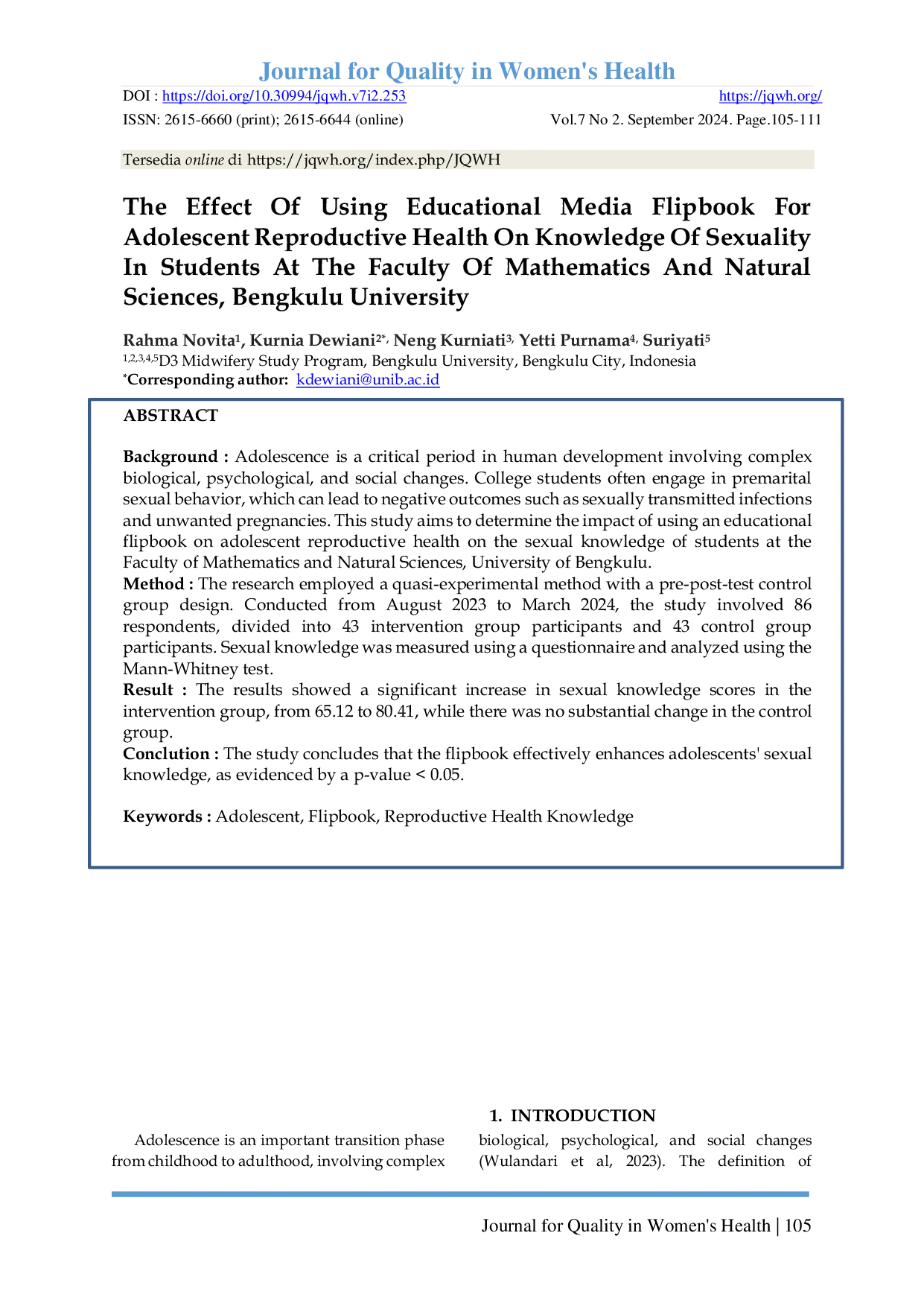 JURIS The Effect Of Using Educational Media Flipbook For Adolescent Reproductive Health On Knowledge Of Sexuality In Students At The Faculty Of Mathematics And Natural Sciences Bengkulu University
