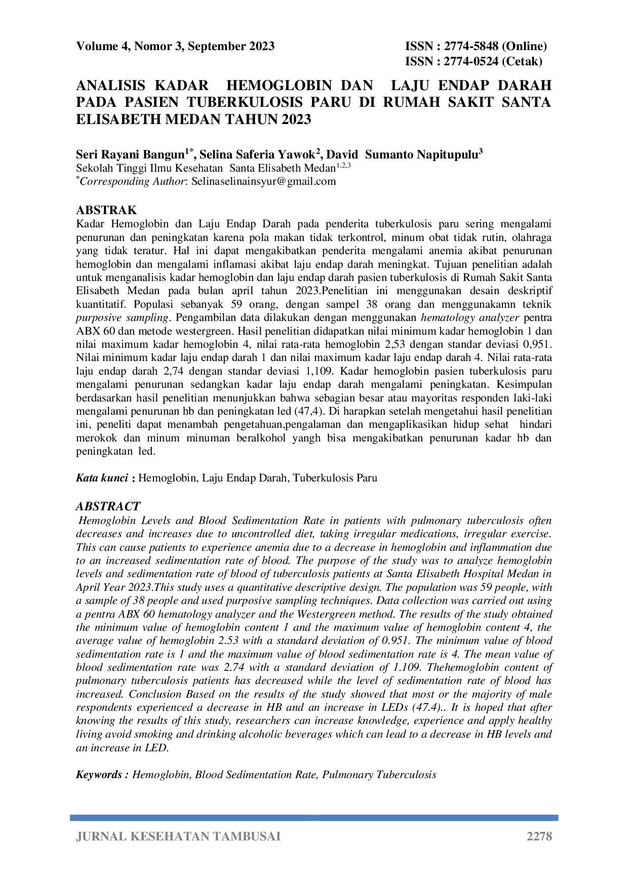 JURIS Analisis Kadar Hemoglobin Dan Laju Endap Darah Pada Pasien Tuberkulosis Paru Di Rumah Sakit Santa Elisabeth Medan Tahun 2023