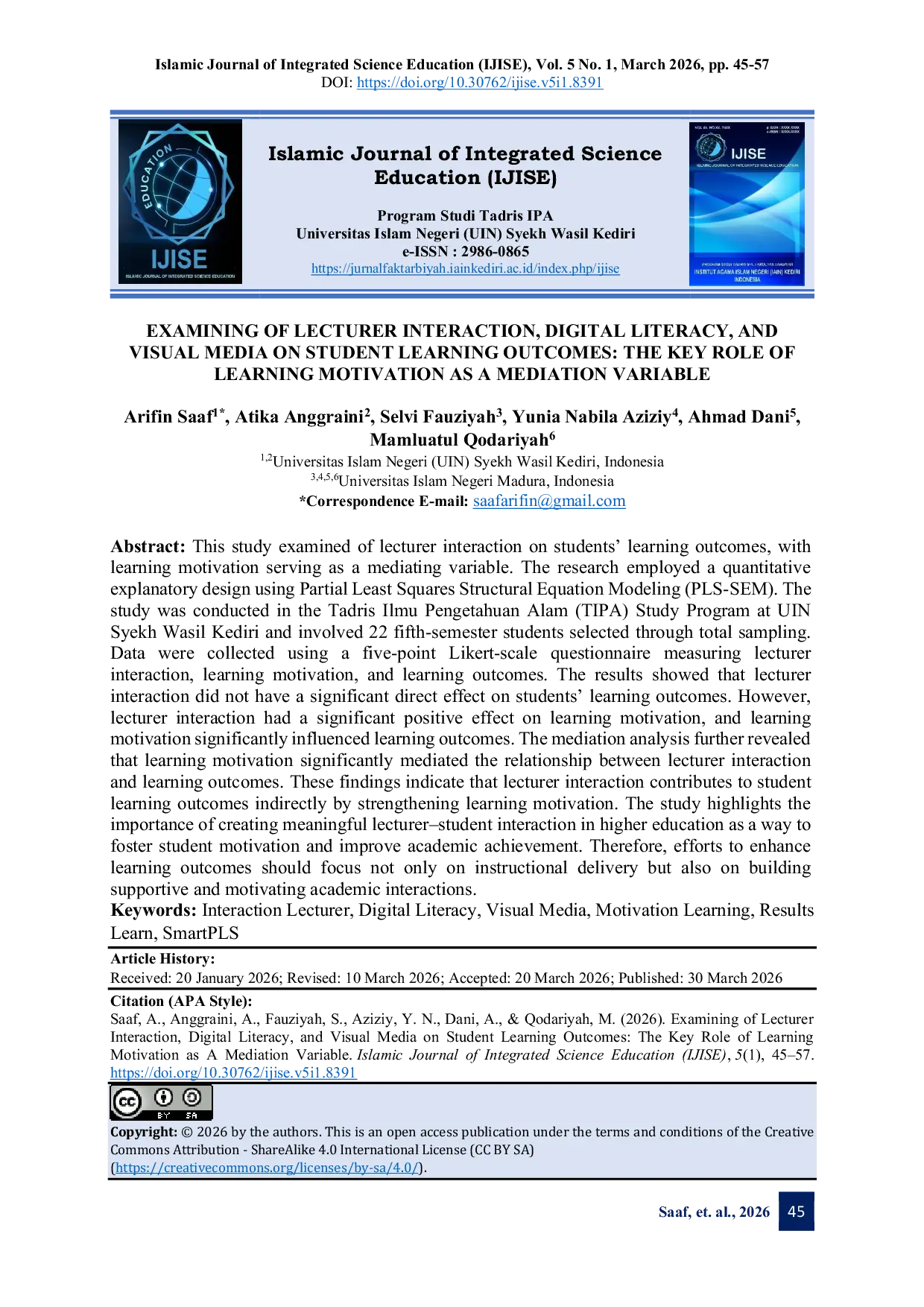 JURIS Examining of Lecturer Interaction Digital Literacy and Visual Media on Student Learning Outcomes The Key Role of Learning Motivation as A Mediation Variable