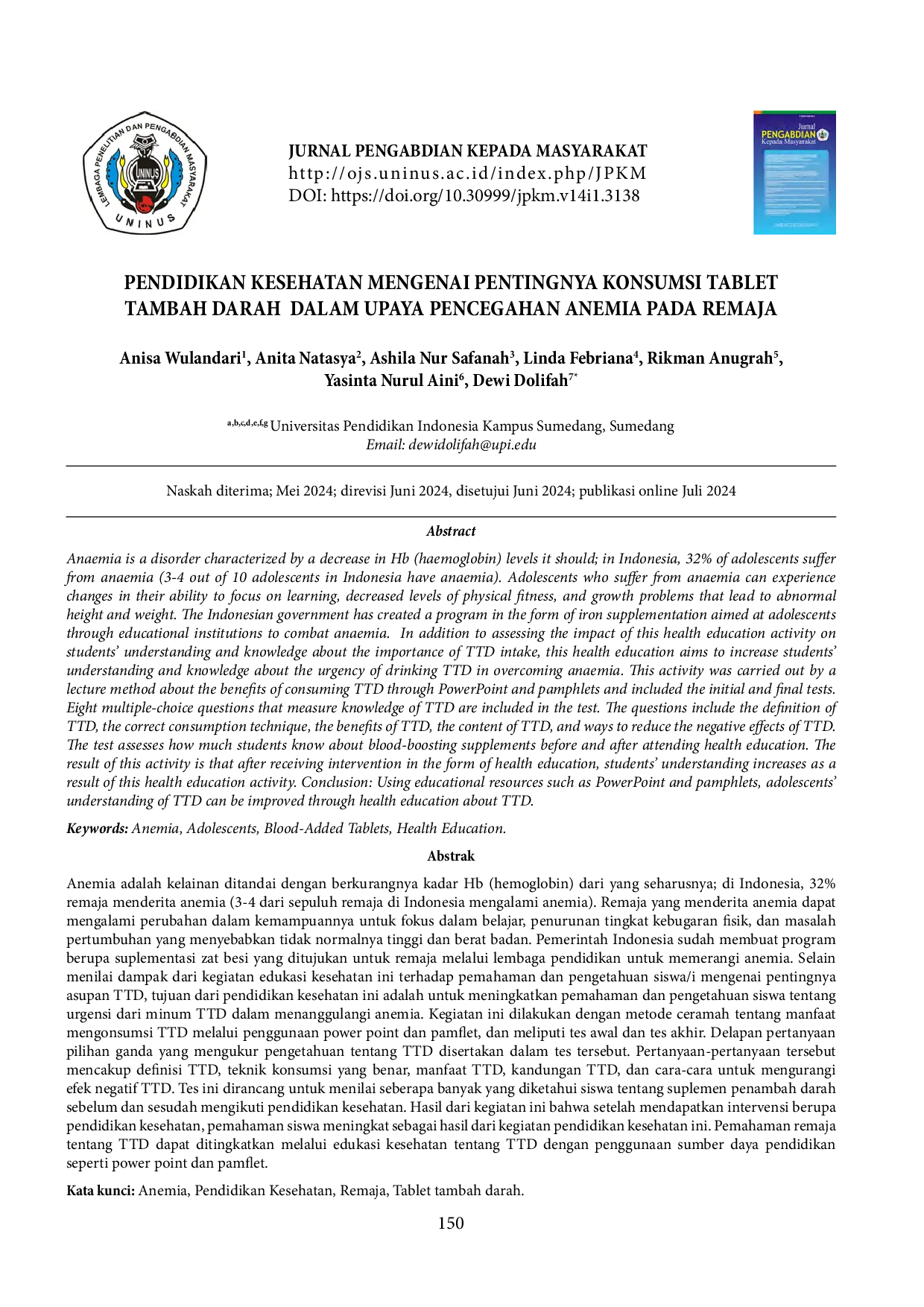 JURIS Pendidikan Kesehatan Mengenai Pentingnya Konsumsi Tablet Tambah Darah Dalam Upaya Pencegahan Anemia Pada Remaja