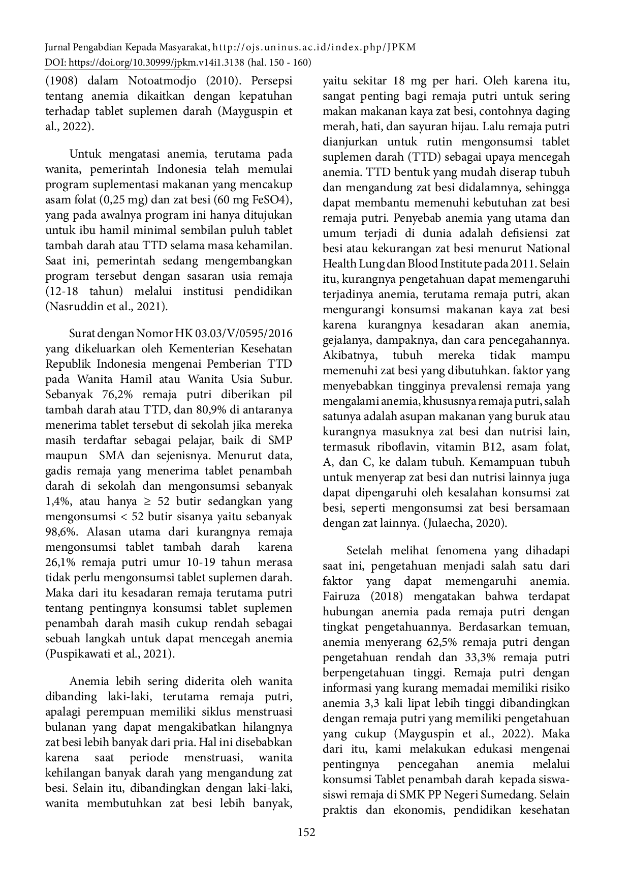 JURIS Pendidikan Kesehatan Mengenai Pentingnya Konsumsi Tablet Tambah Darah Dalam Upaya Pencegahan Anemia Pada Remaja