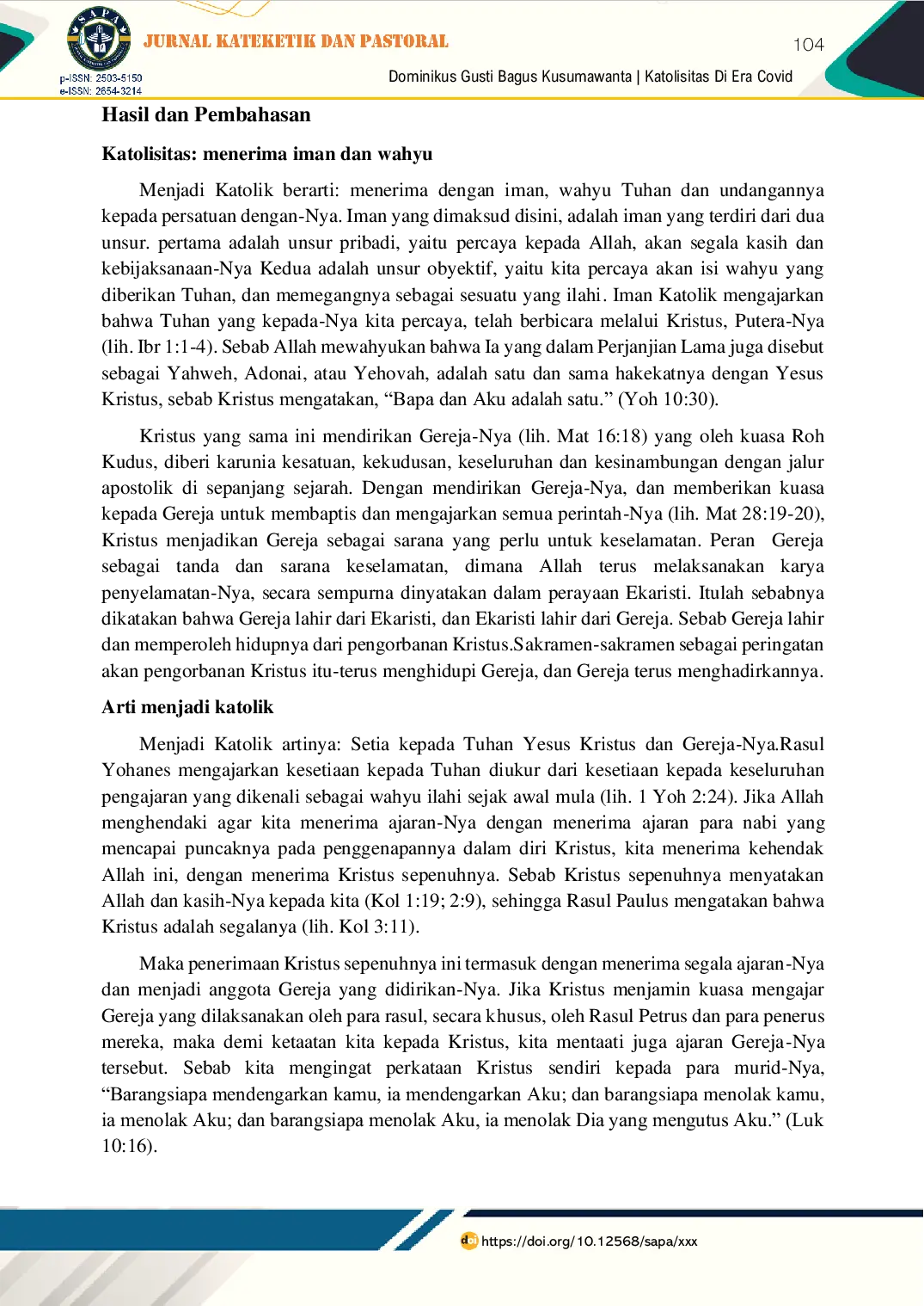 JURIS Katolisitas Di Era Corona Virus Dan Sesudahnya Analisa Studi Psikopastoral