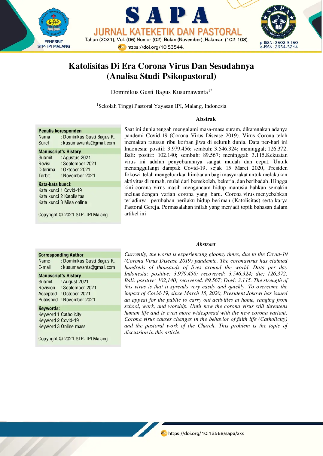 JURIS Katolisitas Di Era Corona Virus Dan Sesudahnya Analisa Studi Psikopastoral