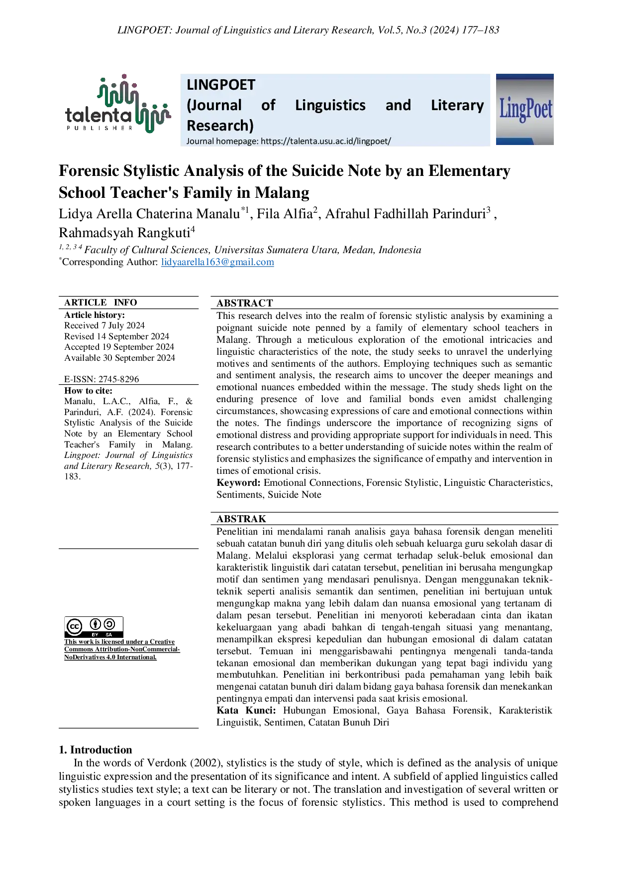 JURIS Forensic Stylistic Analysis on Suicide Note of A Family of the Elementary School Teacher in Malang