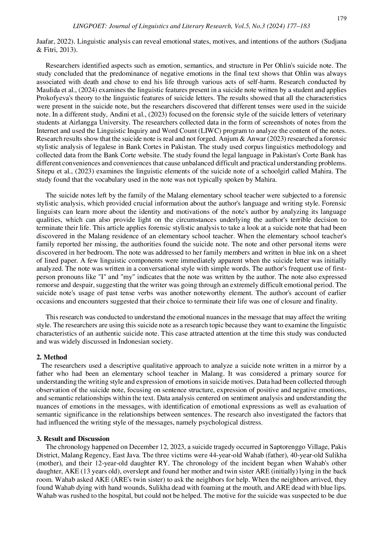 JURIS Forensic Stylistic Analysis on Suicide Note of A Family of the Elementary School Teacher in Malang