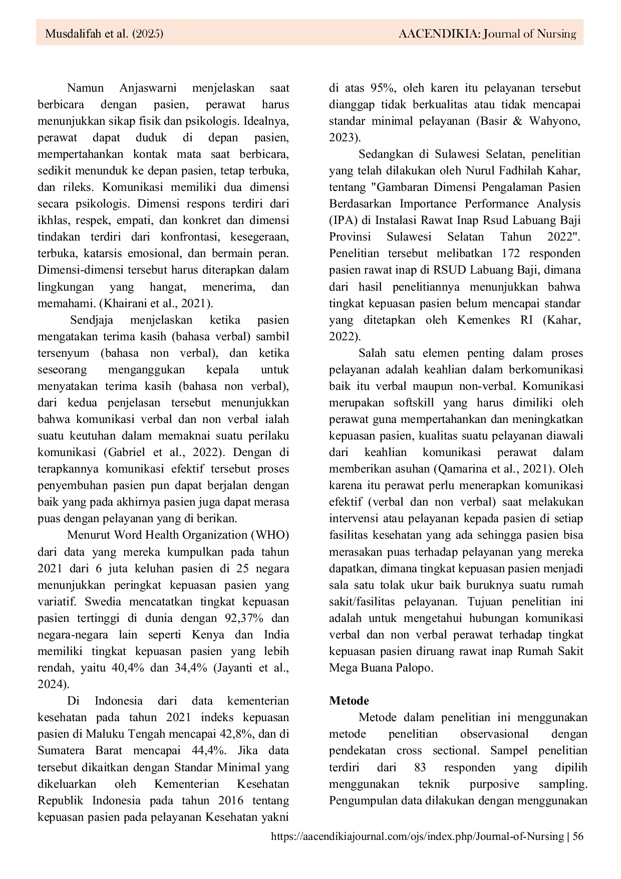 JURIS Verbal and Non Verbal Communication of Nurses and Its Relationship with Patient Satisfaction A Study at Mega Buana Hospital Palopo 2025