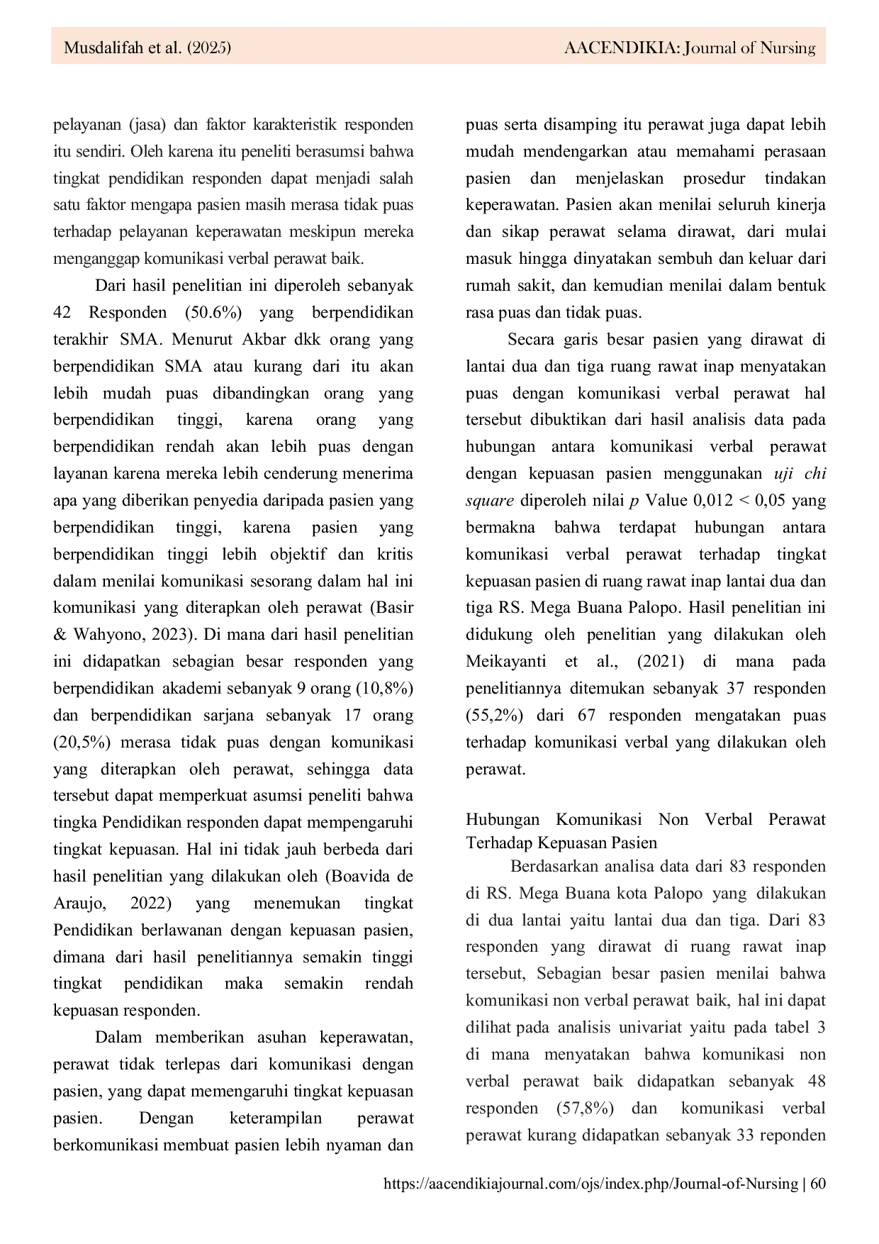 JURIS Verbal and Non Verbal Communication of Nurses and Its Relationship with Patient Satisfaction A Study at Mega Buana Hospital Palopo 2025